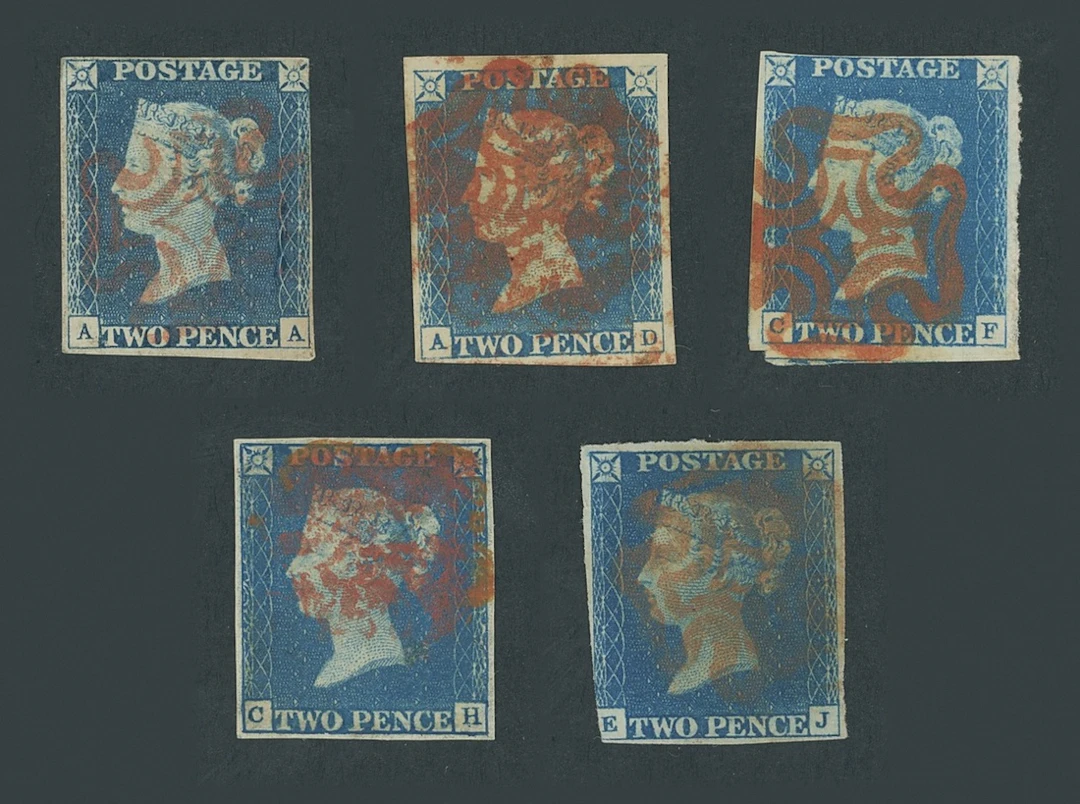 Great Britain 1840 Two Pence Blue Plate 1 AA, AD, CF, CH and EJ, all