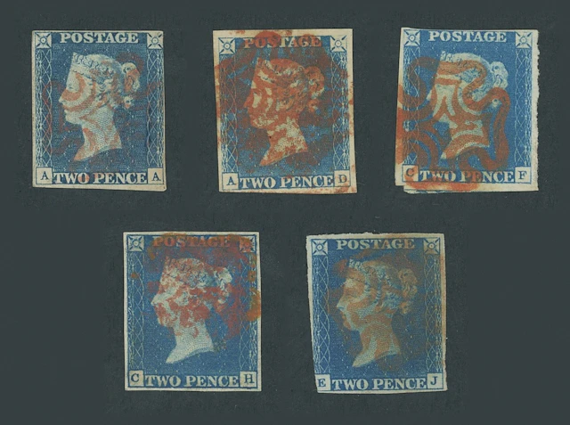 Great Britain 1840 Two Pence Blue Plate 1 AA, AD, CF, CH and EJ, all