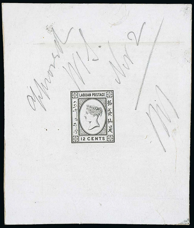 Labuan 1879 (May) Watermark CA over Crown, Sideways Essay Die Proof