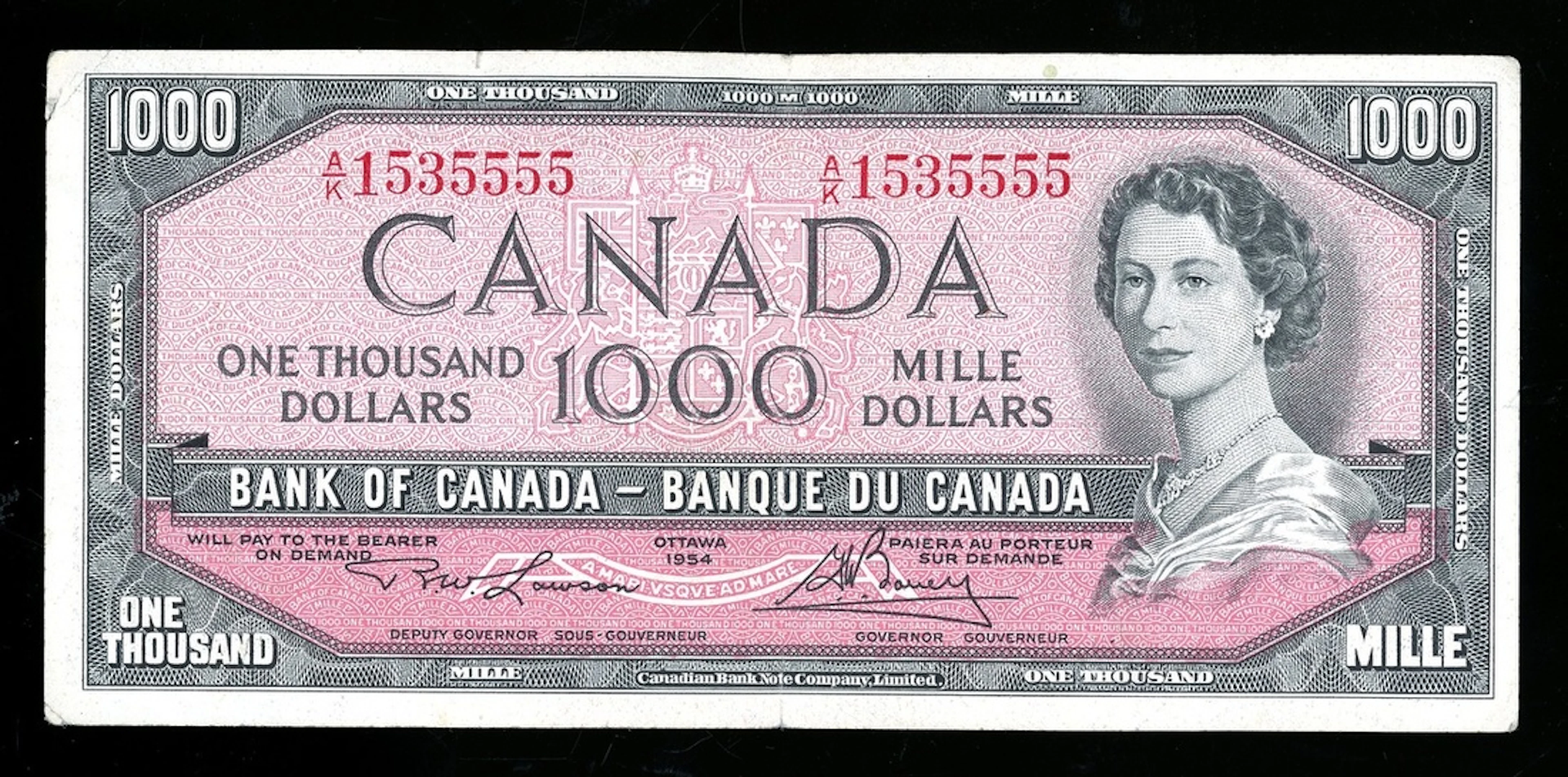 Bank of Canada, $1000, 1954, serial number A/K 1535555, (Pick 83d)