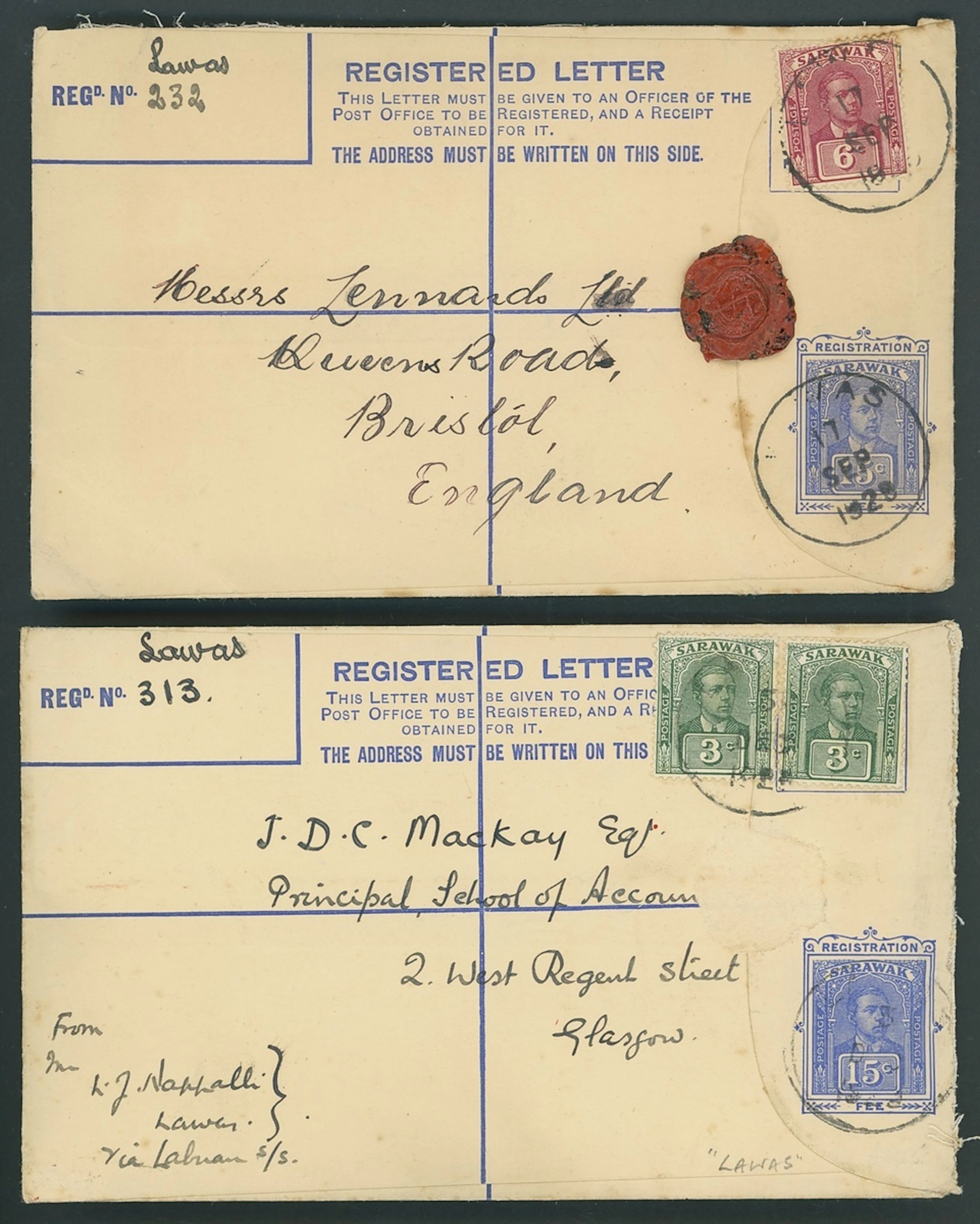 Sarawak Postal Stationery Registered Envelopes 1928 15c. 1928 (17