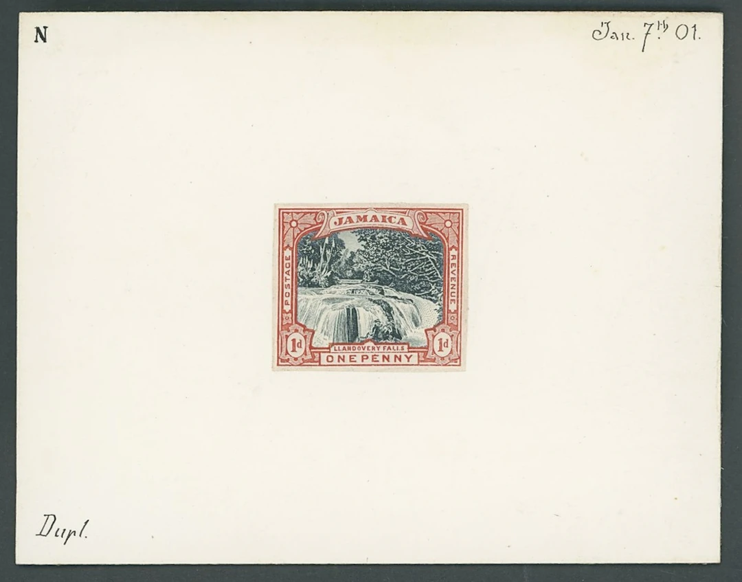 Jamaica 1900-01 Llandovery Falls, composite essay for a 1d. design