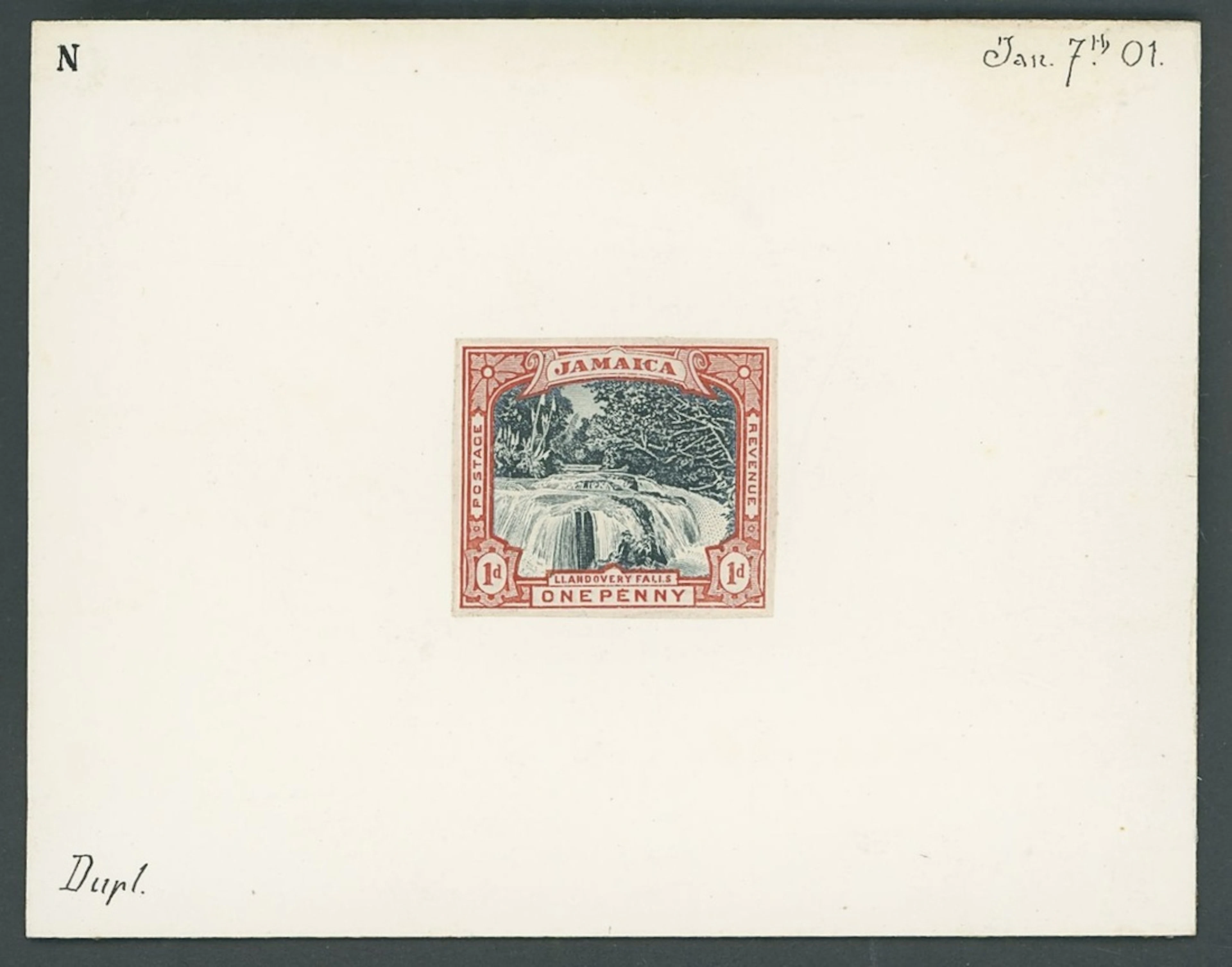 Jamaica 1900-01 Llandovery Falls, composite essay for a 1d. design
