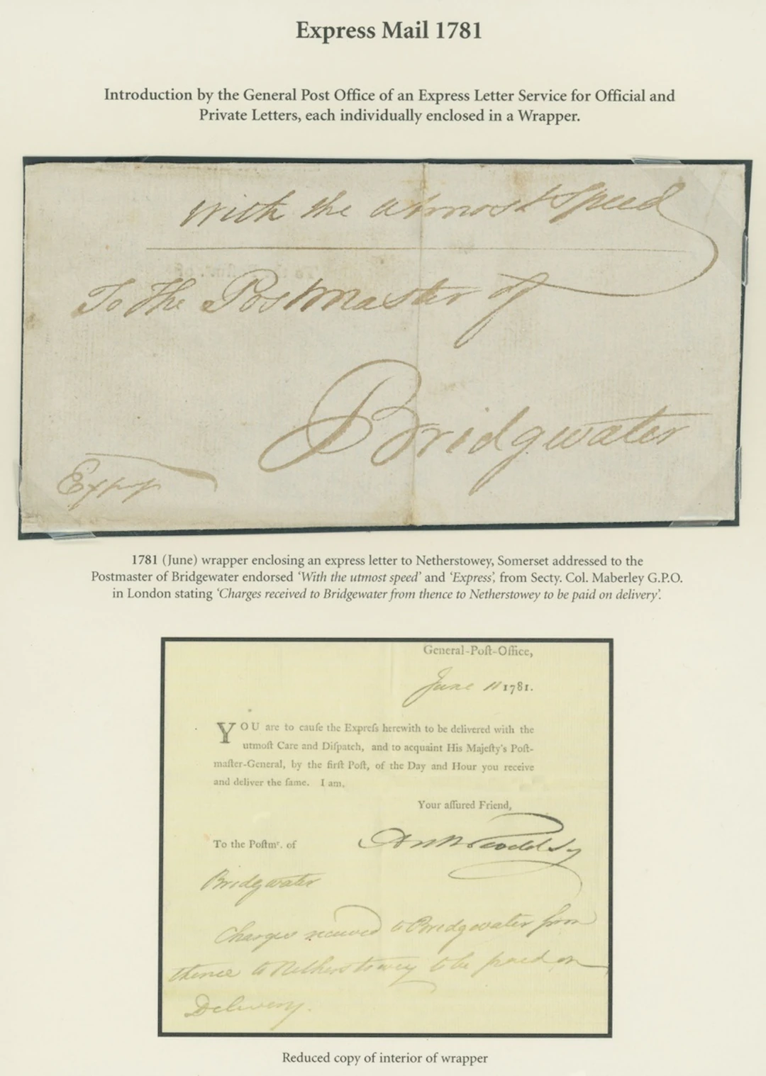 Great Britain Postal History Express Mail 1781 (June) wrapper to Bridgewater