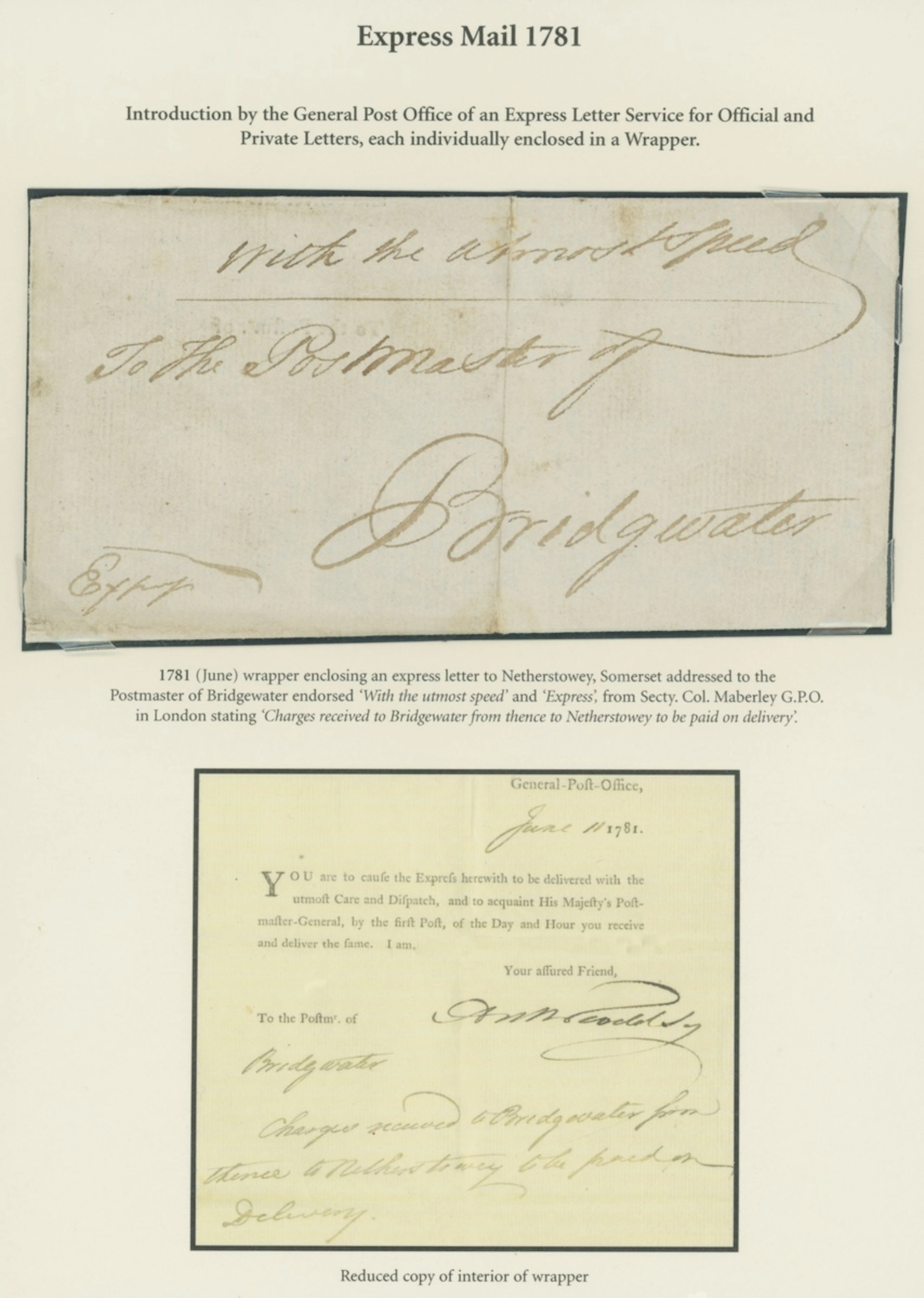 Great Britain Postal History Express Mail 1781 (June) wrapper to Bridgewater
