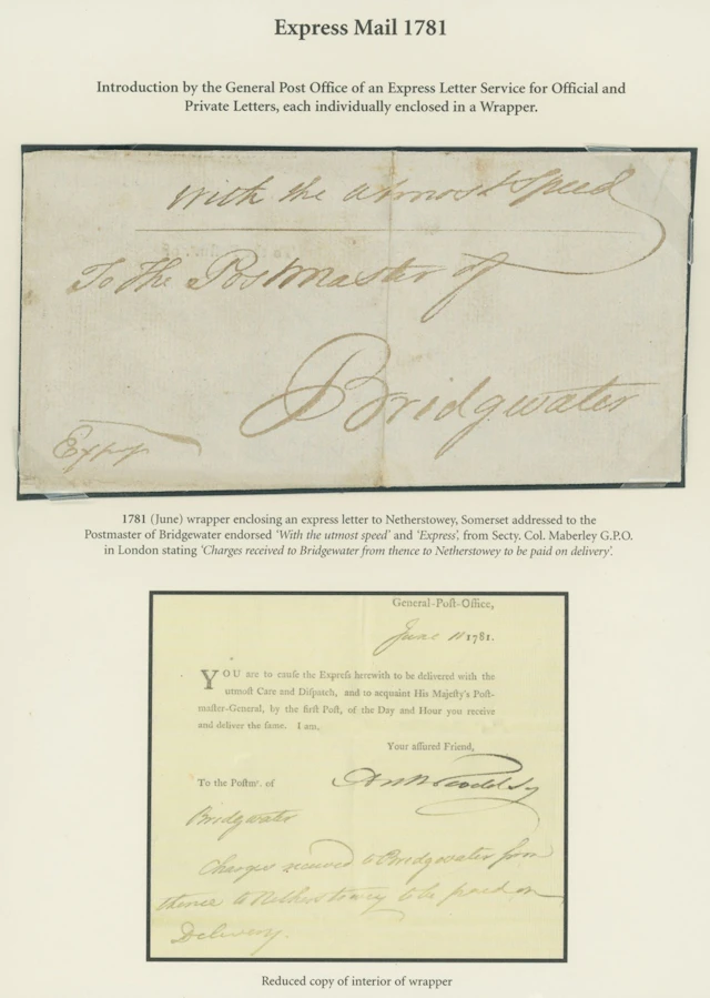 Great Britain Postal History Express Mail 1781 (June) wrapper to Bridgewater