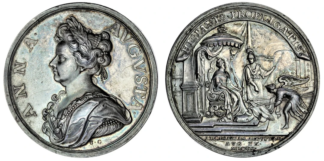 Battle of Saragossa, AR Medal, 1710, by J. Croker, ANNA • AVGVSTA