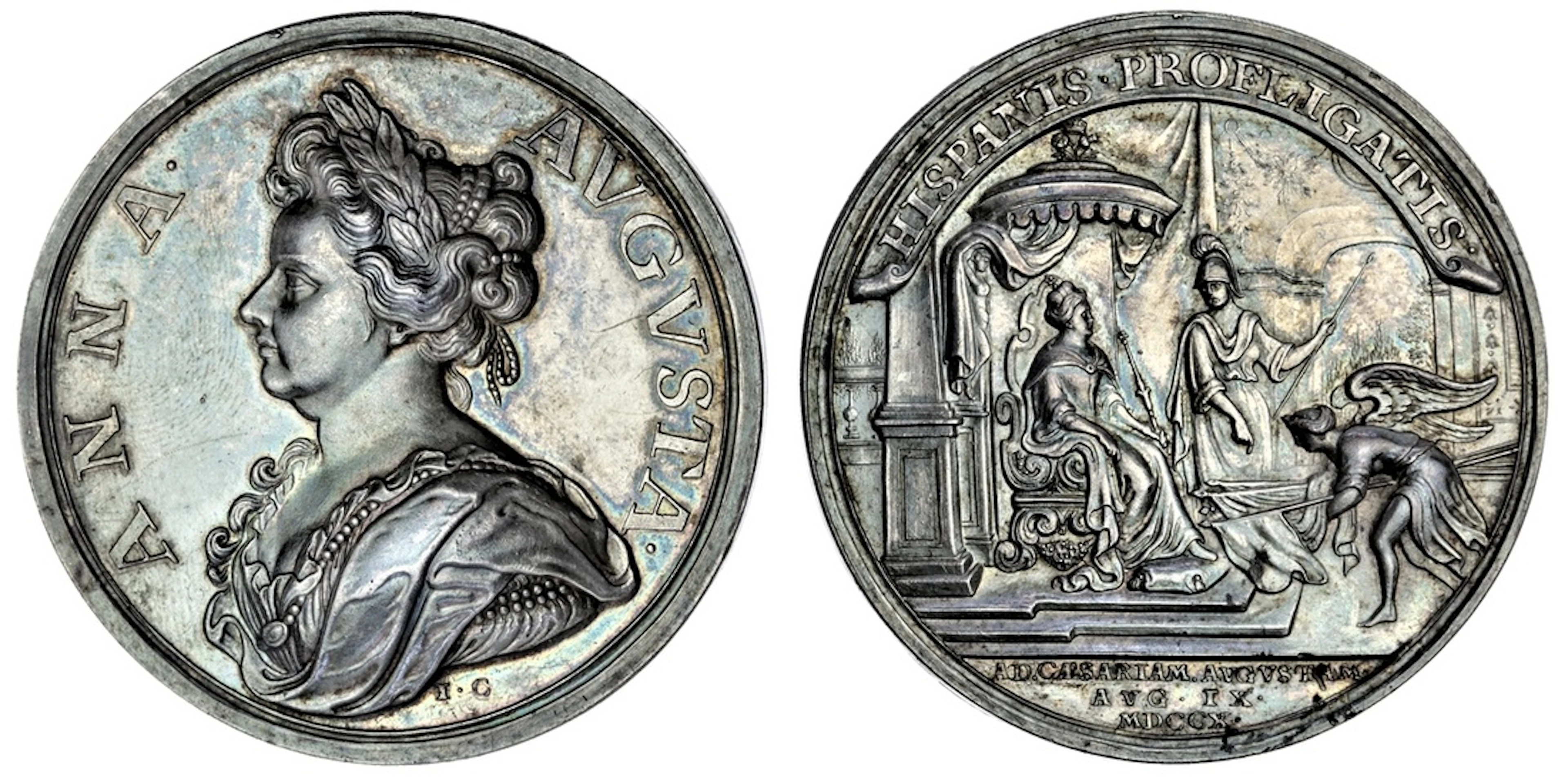Battle of Saragossa, AR Medal, 1710, by J. Croker, ANNA • AVGVSTA