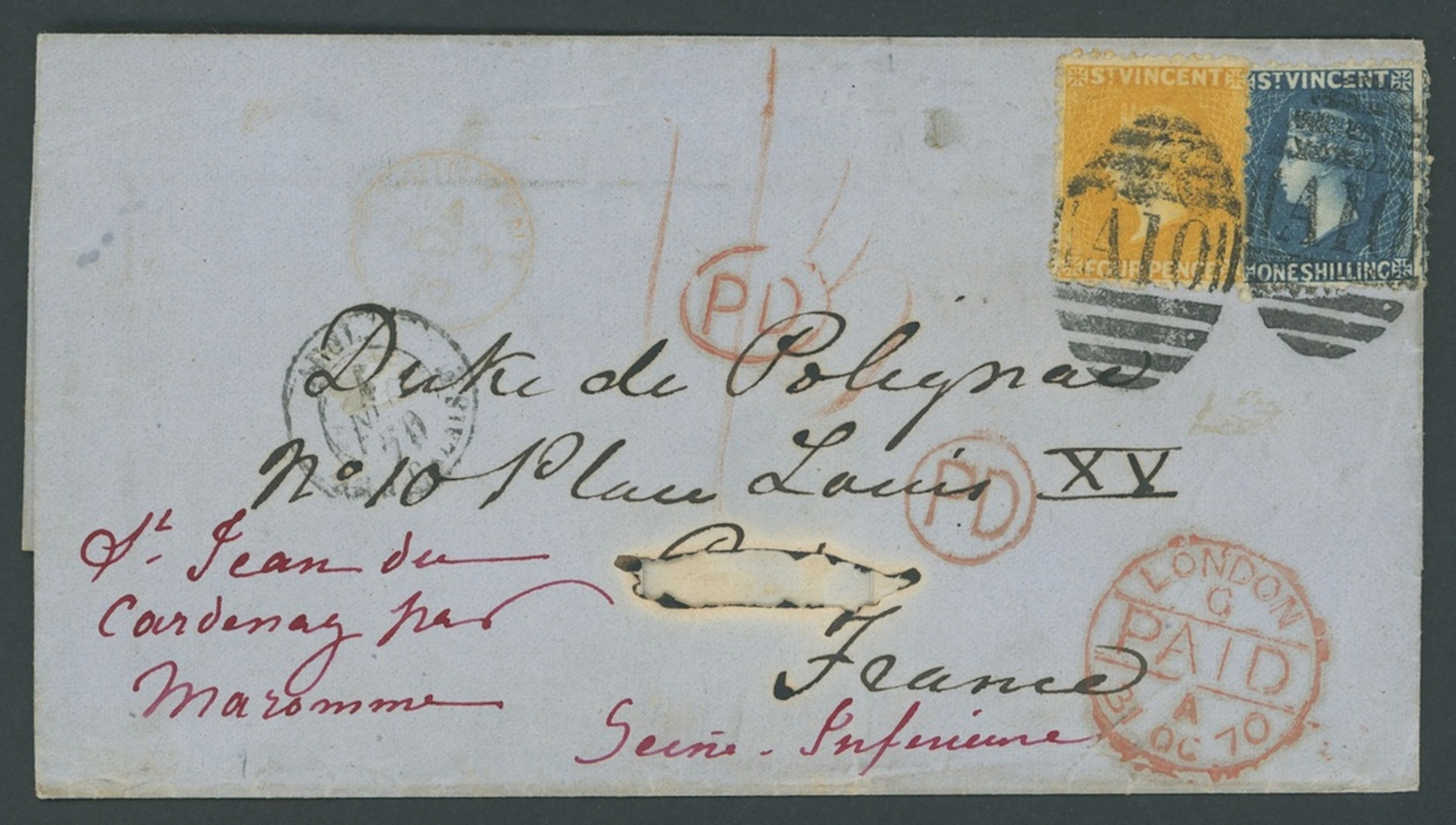 St. Vincent Covers and Cancellations 1870 (9 June) entire ex the "Polignac"