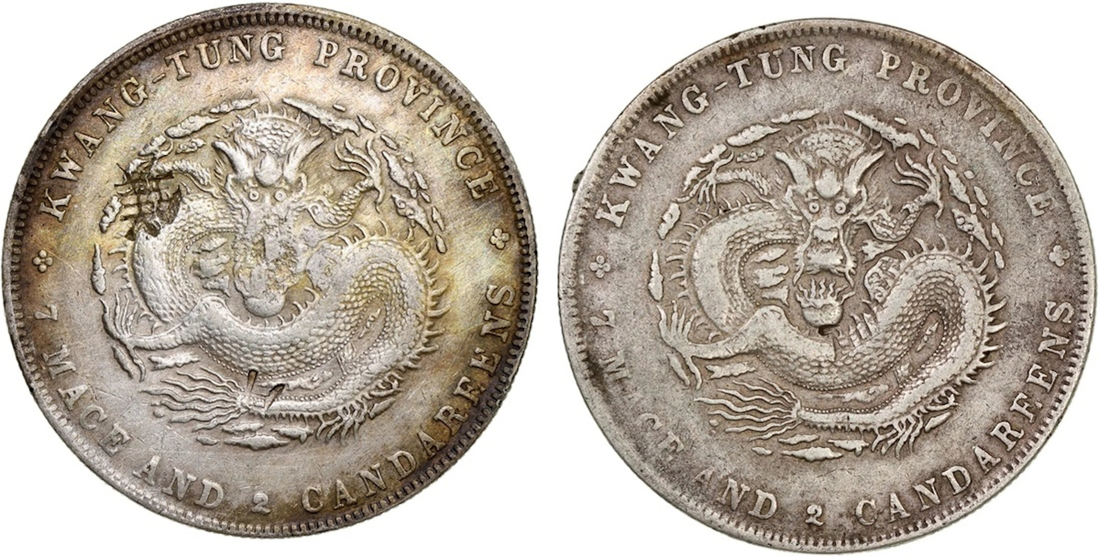 China, Qing Dynasty, Kwangtung Province, a pair of silver dollars