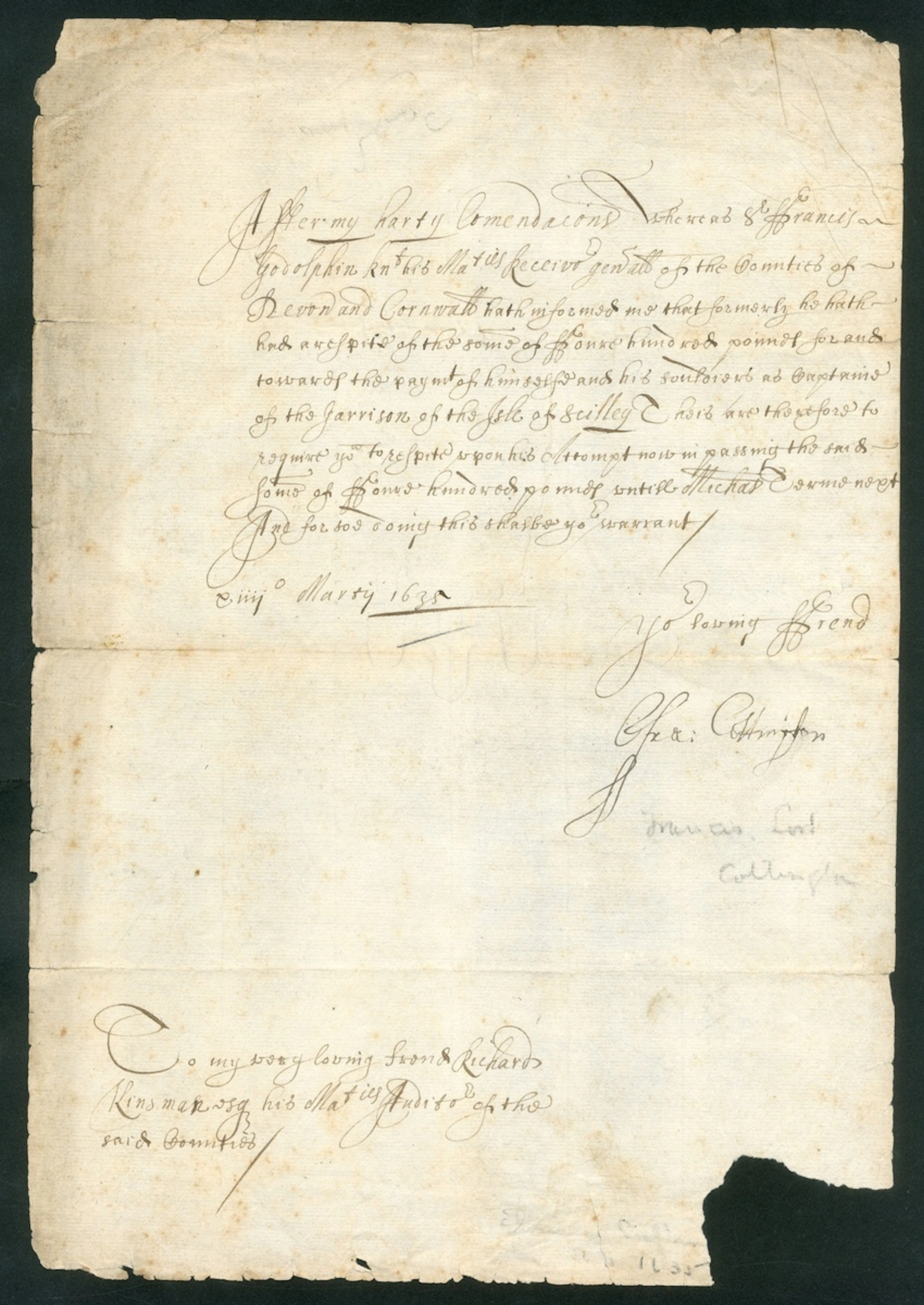 Sir Francis Godolphin - Garrison of the Isle of Scilly 1638 document