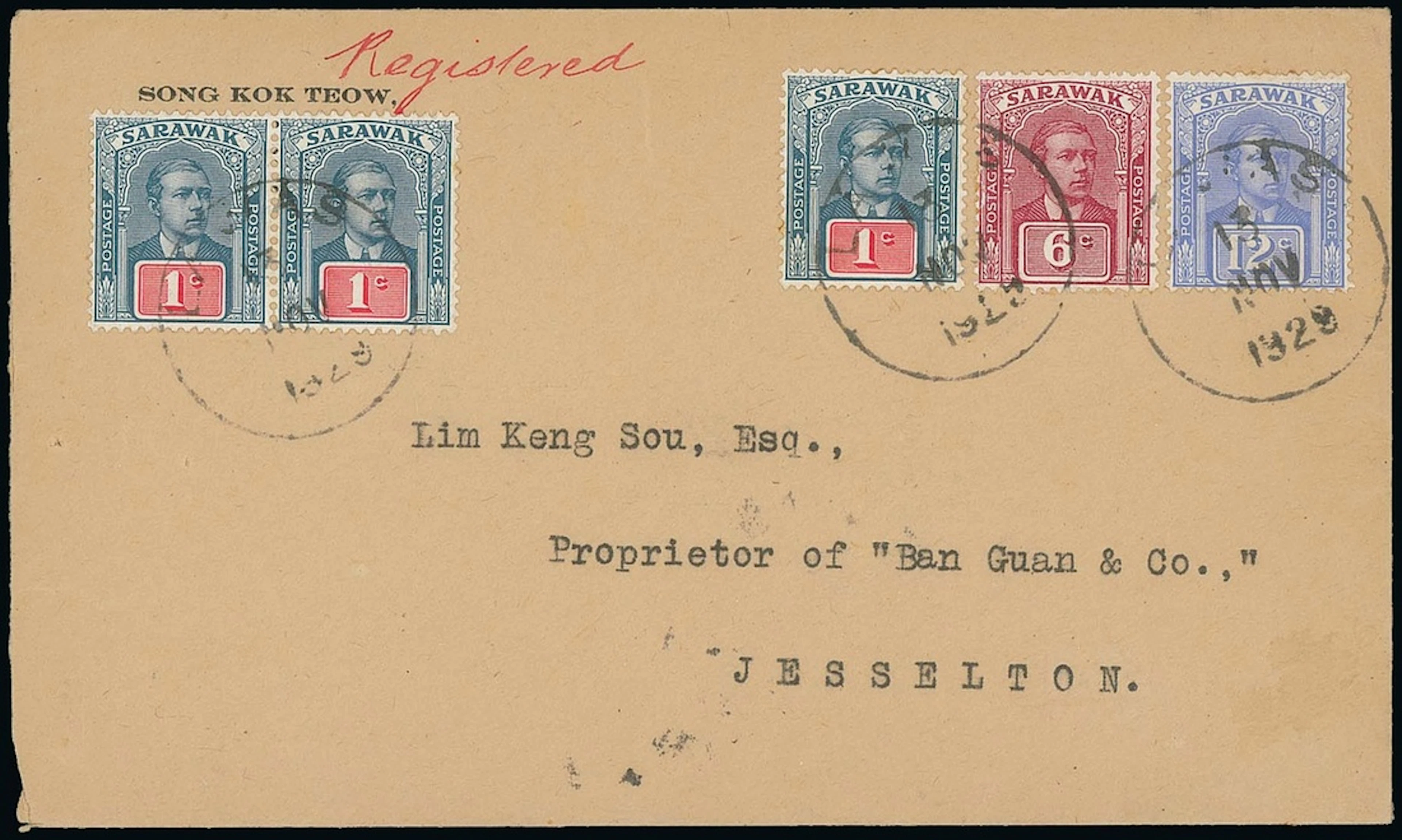 Sarawak Covers and Cancellations 1928 (13 Nov.) envelope registered