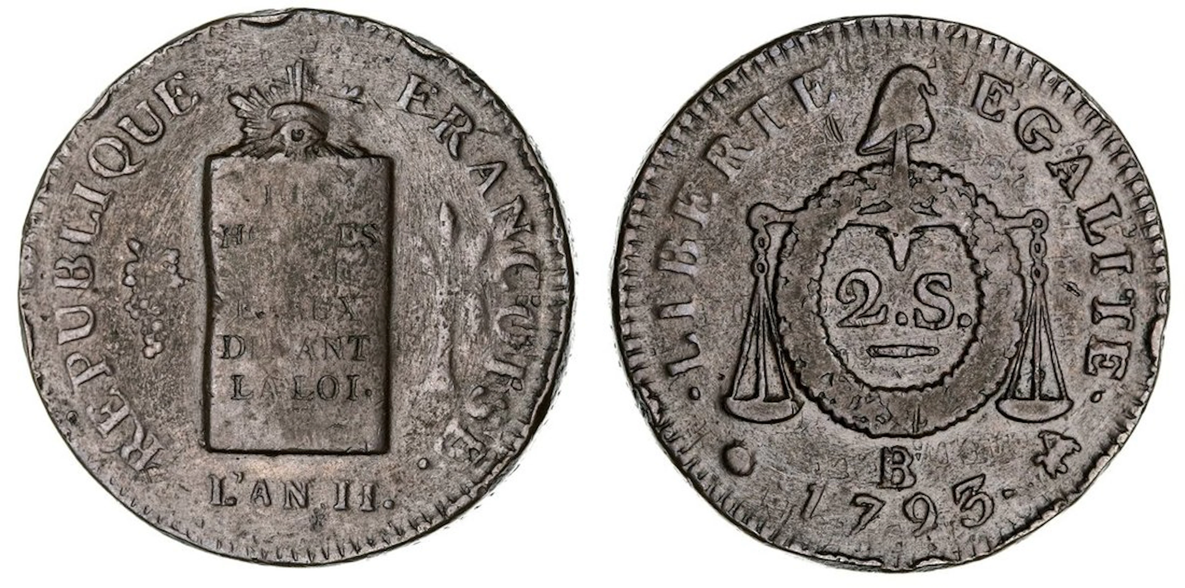 France, National Convention (1792-1795), Copper 2-Sols Overstrike