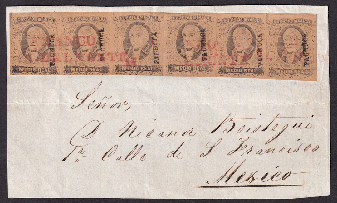 1861 "Hidalgos" Pachuca. ½r. Black on Brown, spectacular strip of