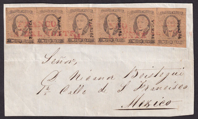 1861 "Hidalgos" Pachuca. ½r. Black on Brown, spectacular strip of