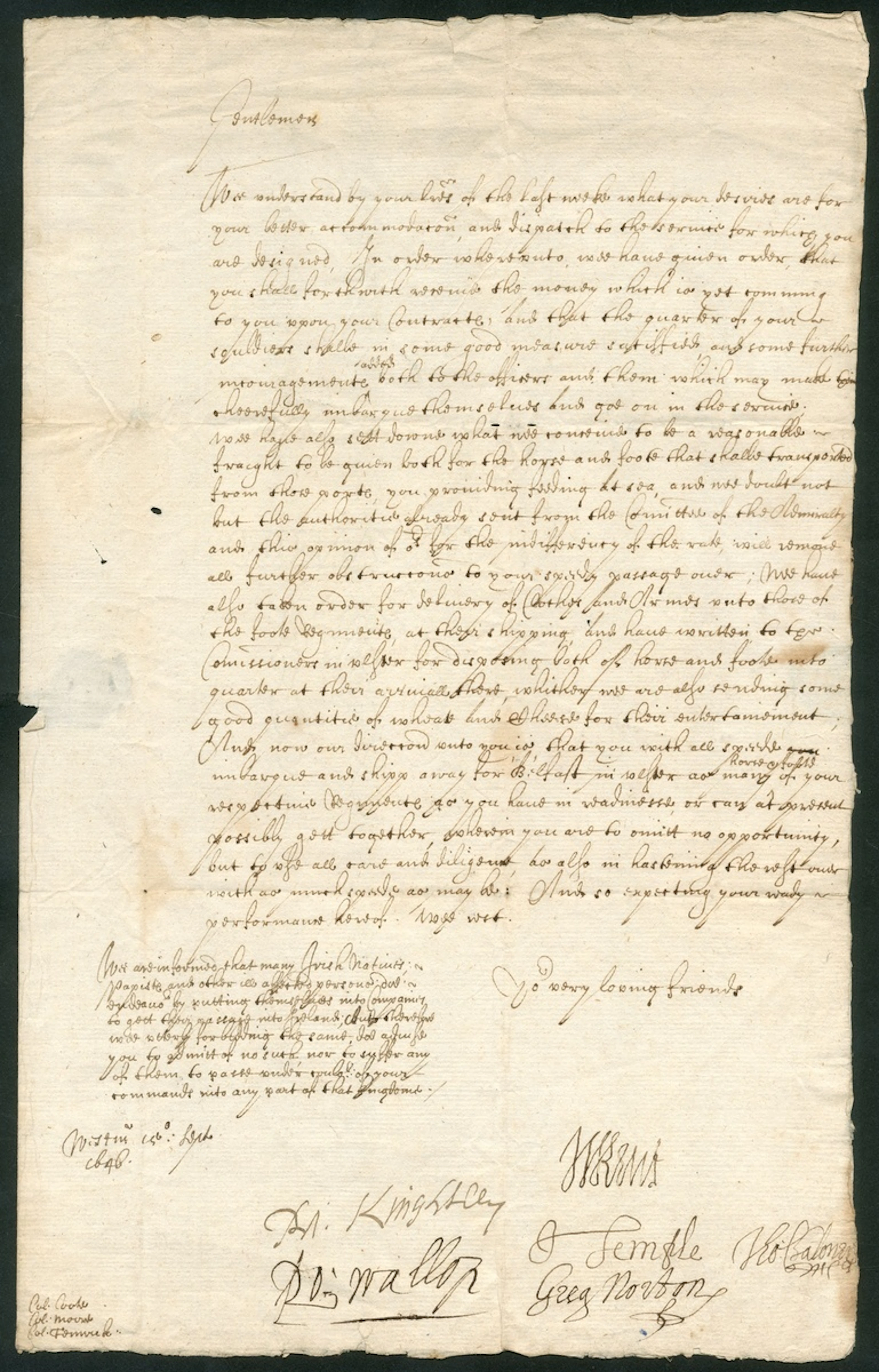 Three Regicides of King Charles I 1646 (15 September) letter from