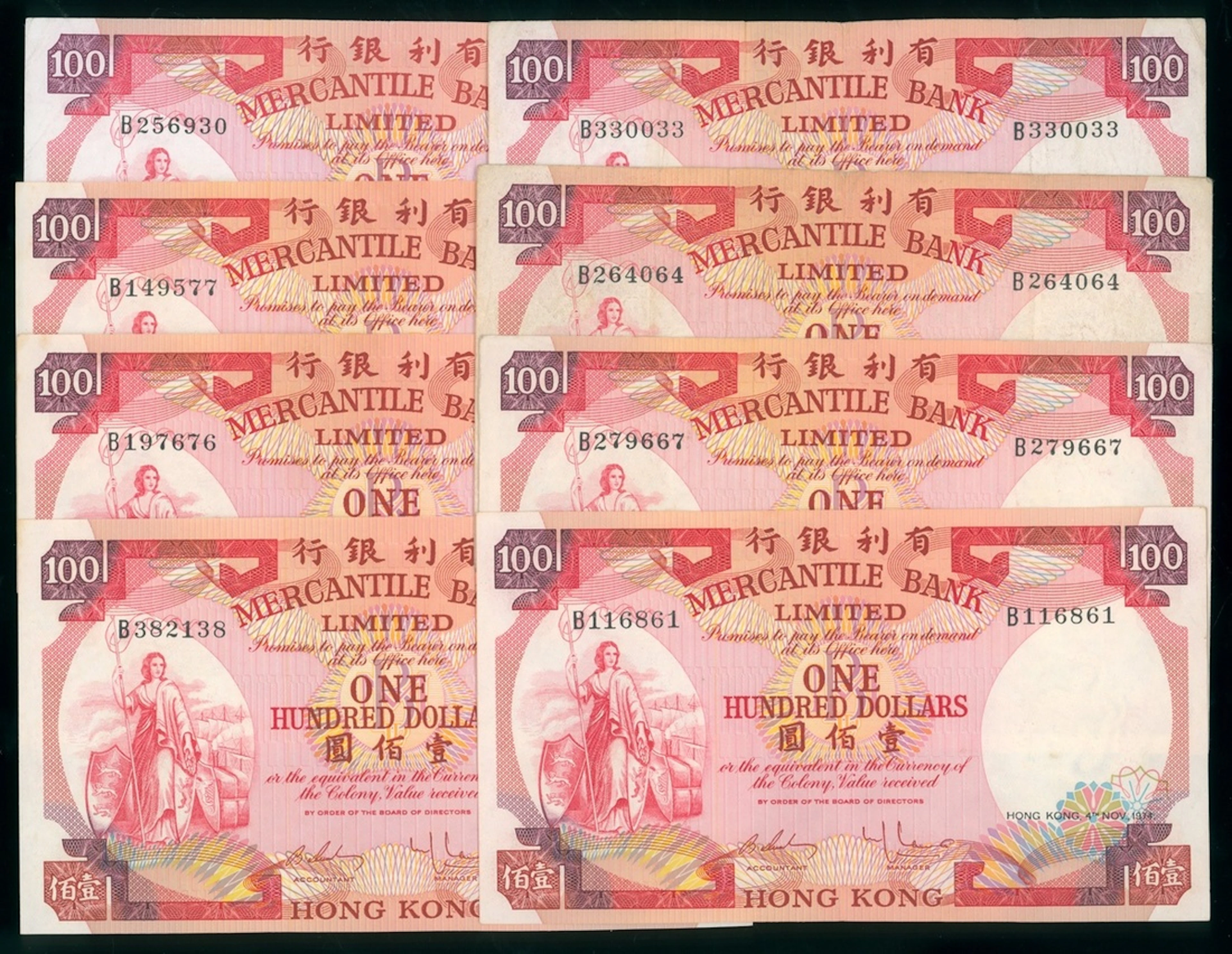 Mercantile Bank Limited, Hong Kong, $100 (8), 4.11.1974, (Pick 245)