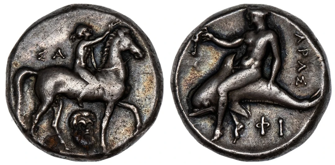 Calabria, Tarentum, AR Nomos, struck 302-280 BC, nude youth crowning
