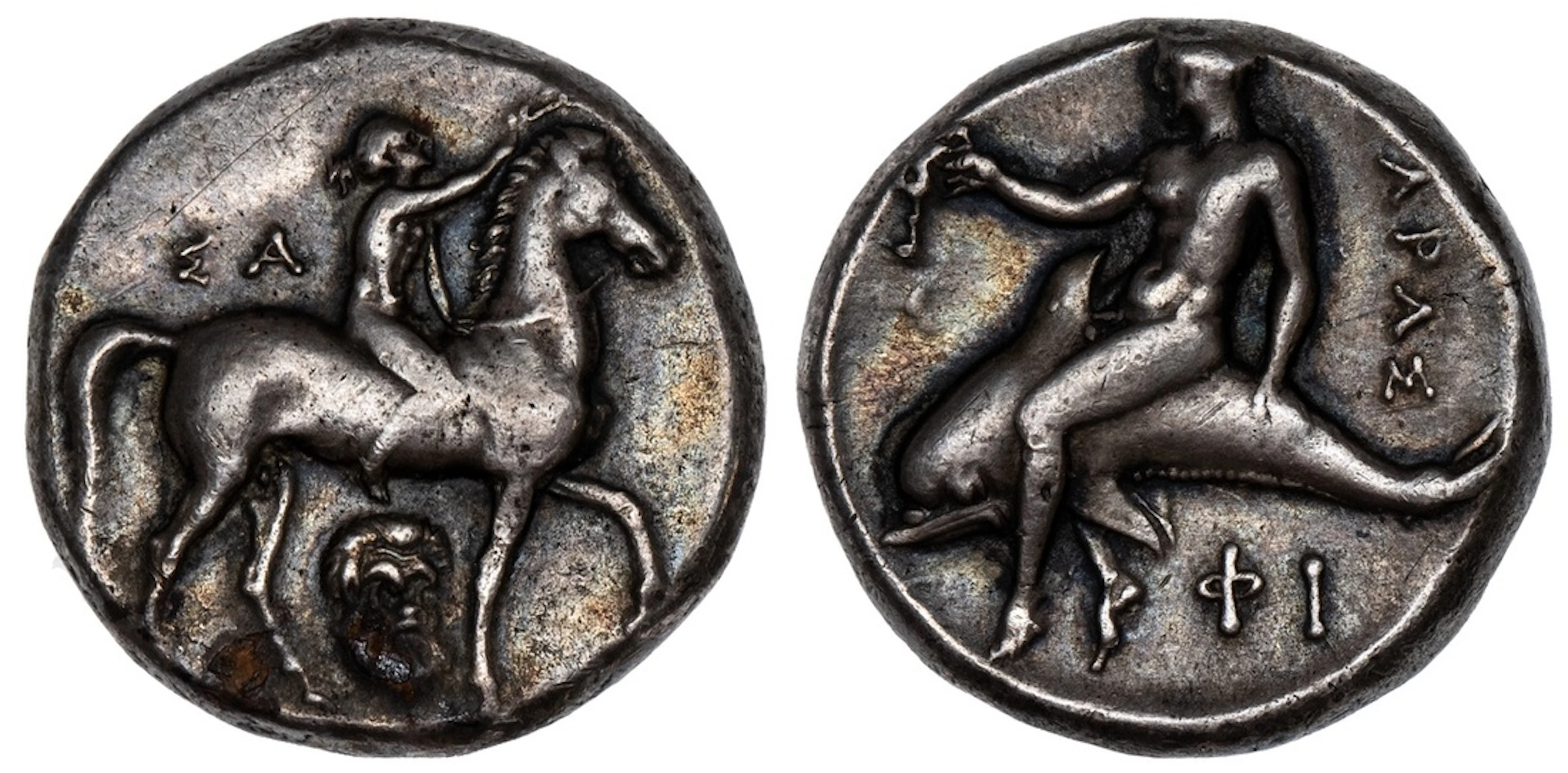 Calabria, Tarentum, AR Nomos, struck 302-280 BC, nude youth crowning
