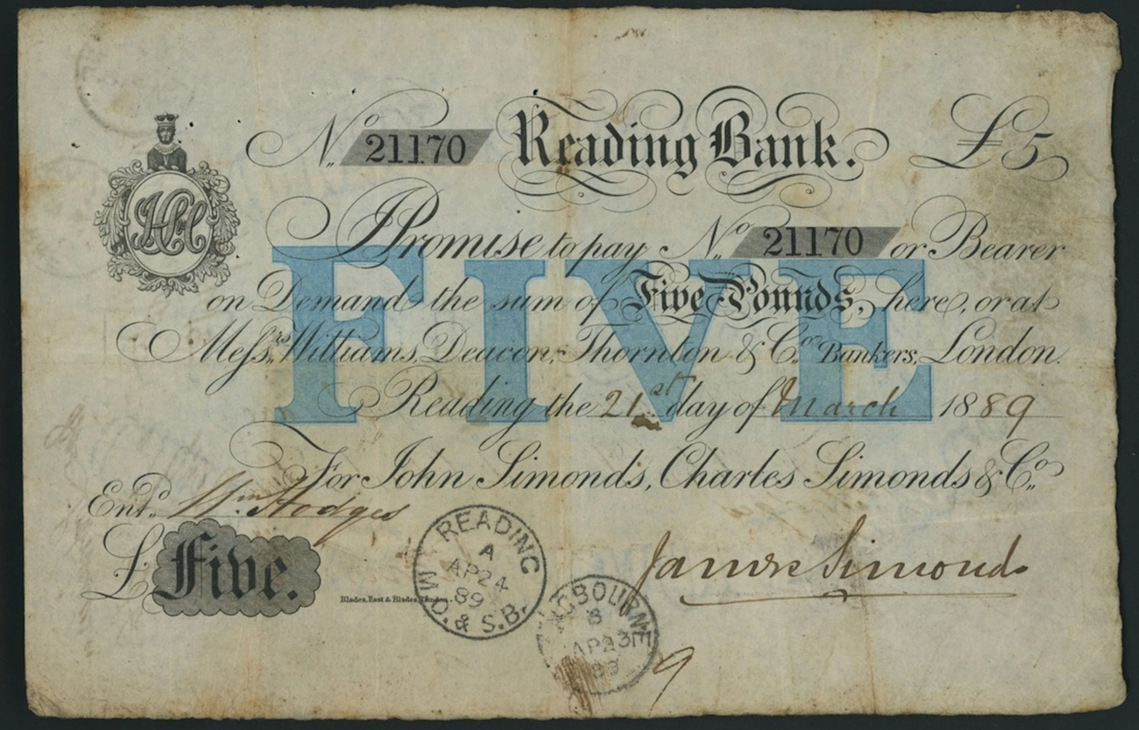 Reading Bank, for John Simmonds, Charles Simmonds & Co., £5, 21st
