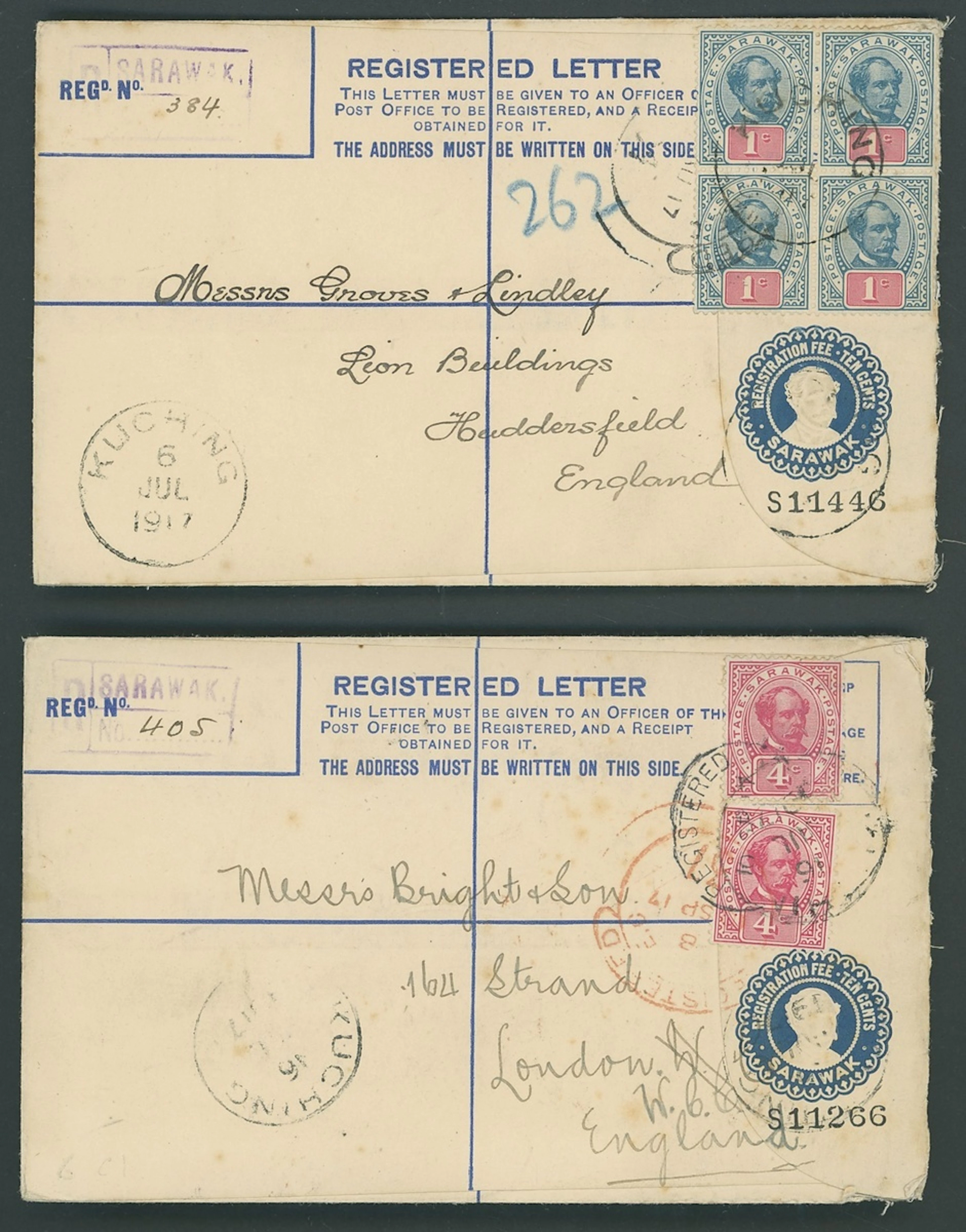 Sarawak Postal Stationery Registered Envelopes 1913 10c. 1917 (6 July)