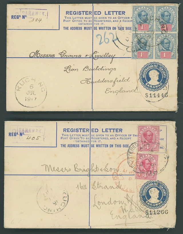 Sarawak Postal Stationery Registered Envelopes 1913 10c. 1917 (6 July)