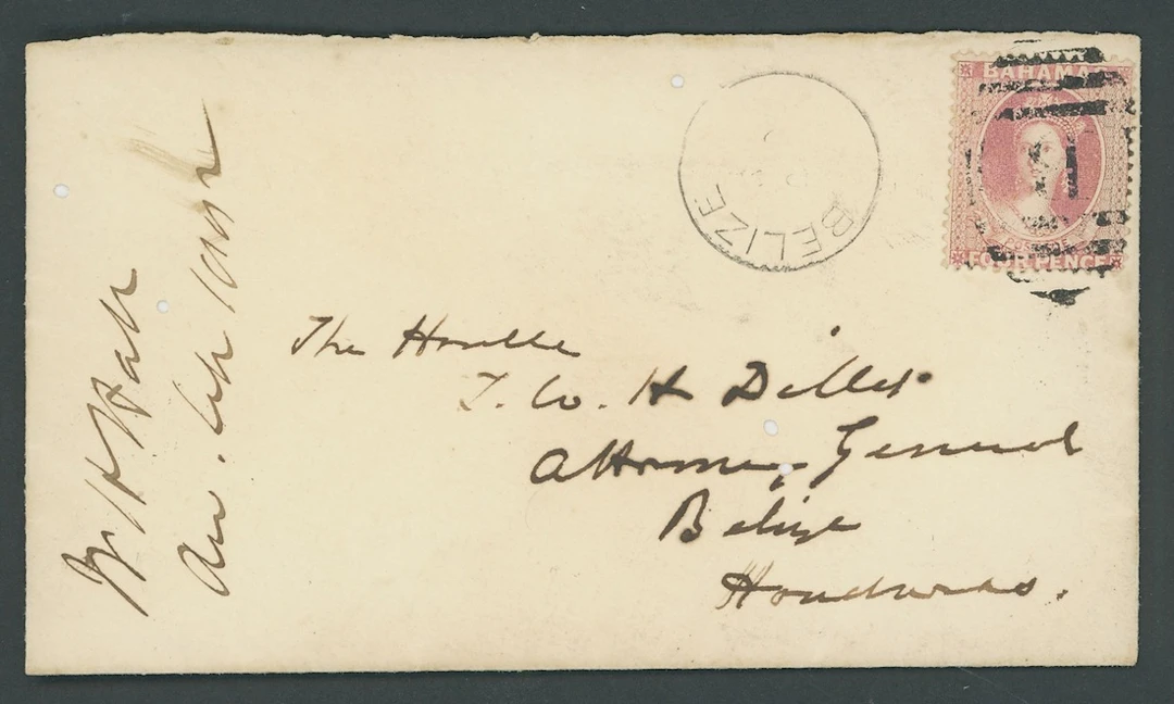 Bahamas 1882 (10 Apr.) envelope to Belize, bearing 1882 (Mar.) perf