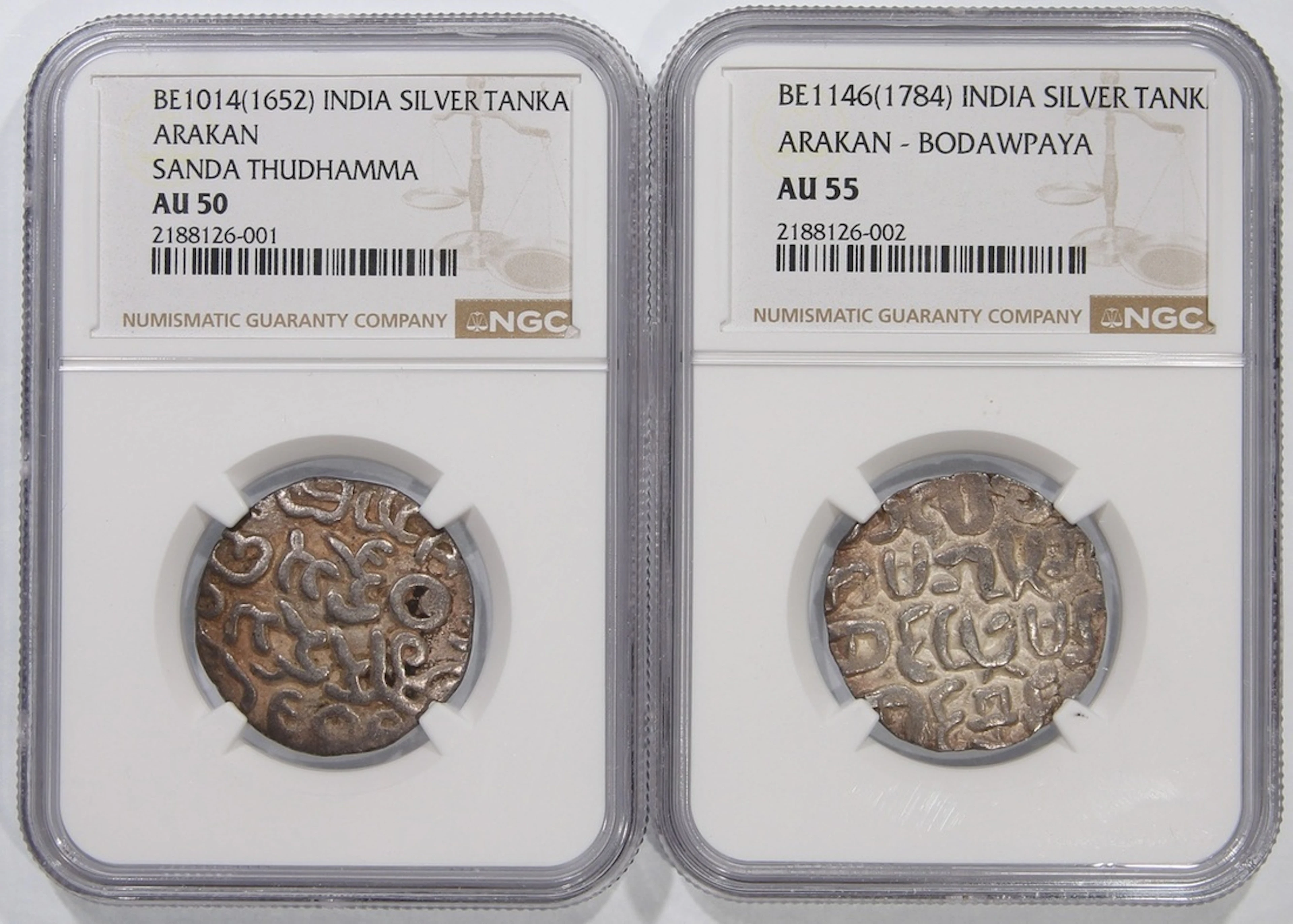 Arakan (Myanmar) a pair of silver tanka, including 'Sanda Thudhamma'