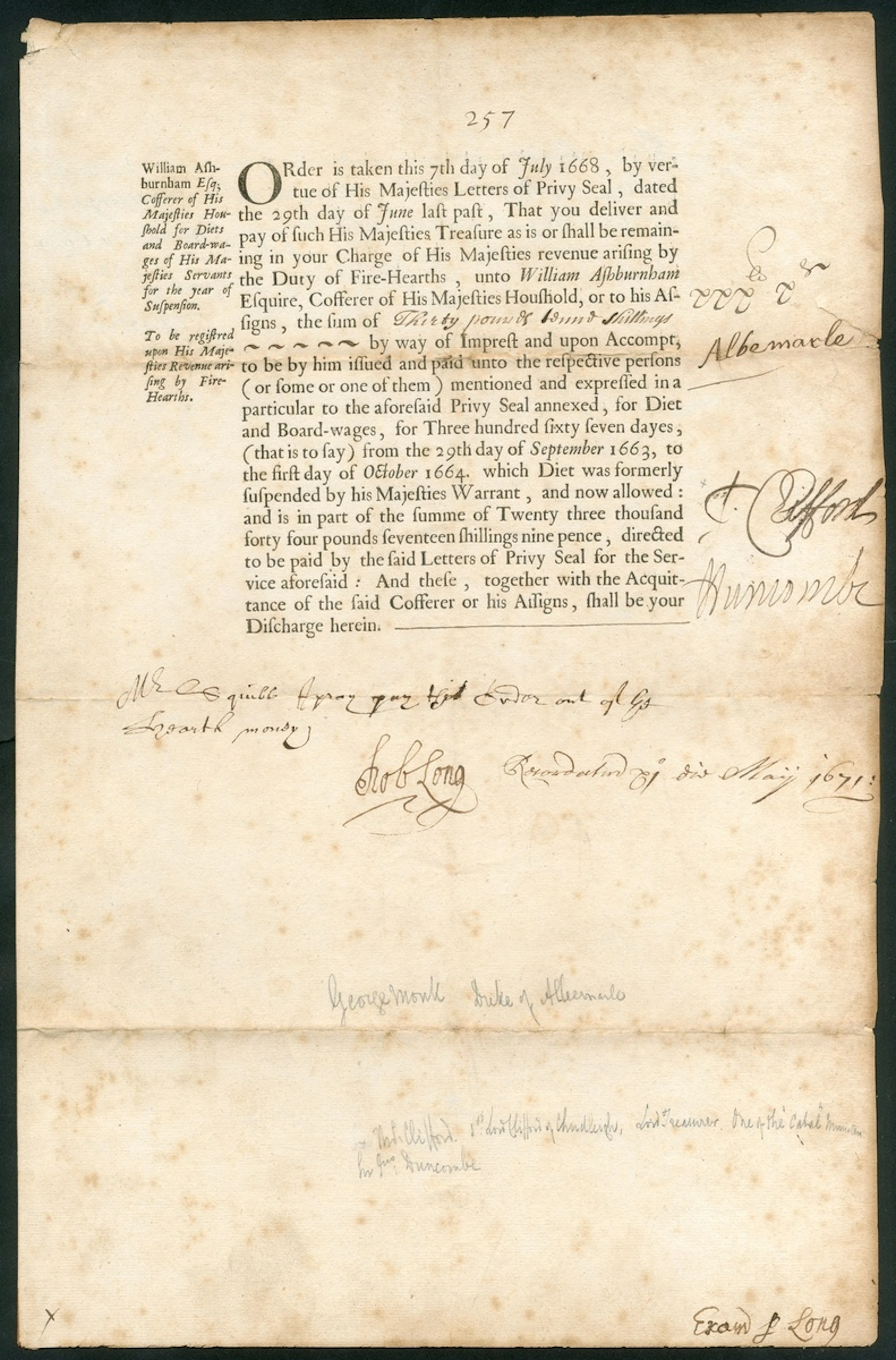 England George Monck, 1st Duke of Albemarle 1668 An order of payment