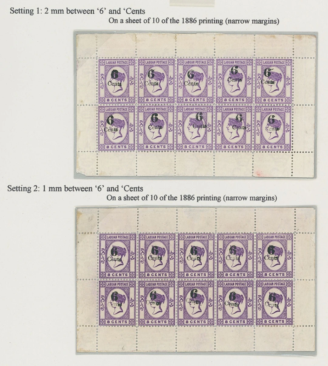 Labuan 1891-92 Surcharges 6c. on 8c. mauve, two complete mint sheets