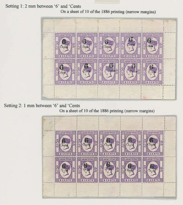 Labuan 1891-92 Surcharges 6c. on 8c. mauve, two complete mint sheets