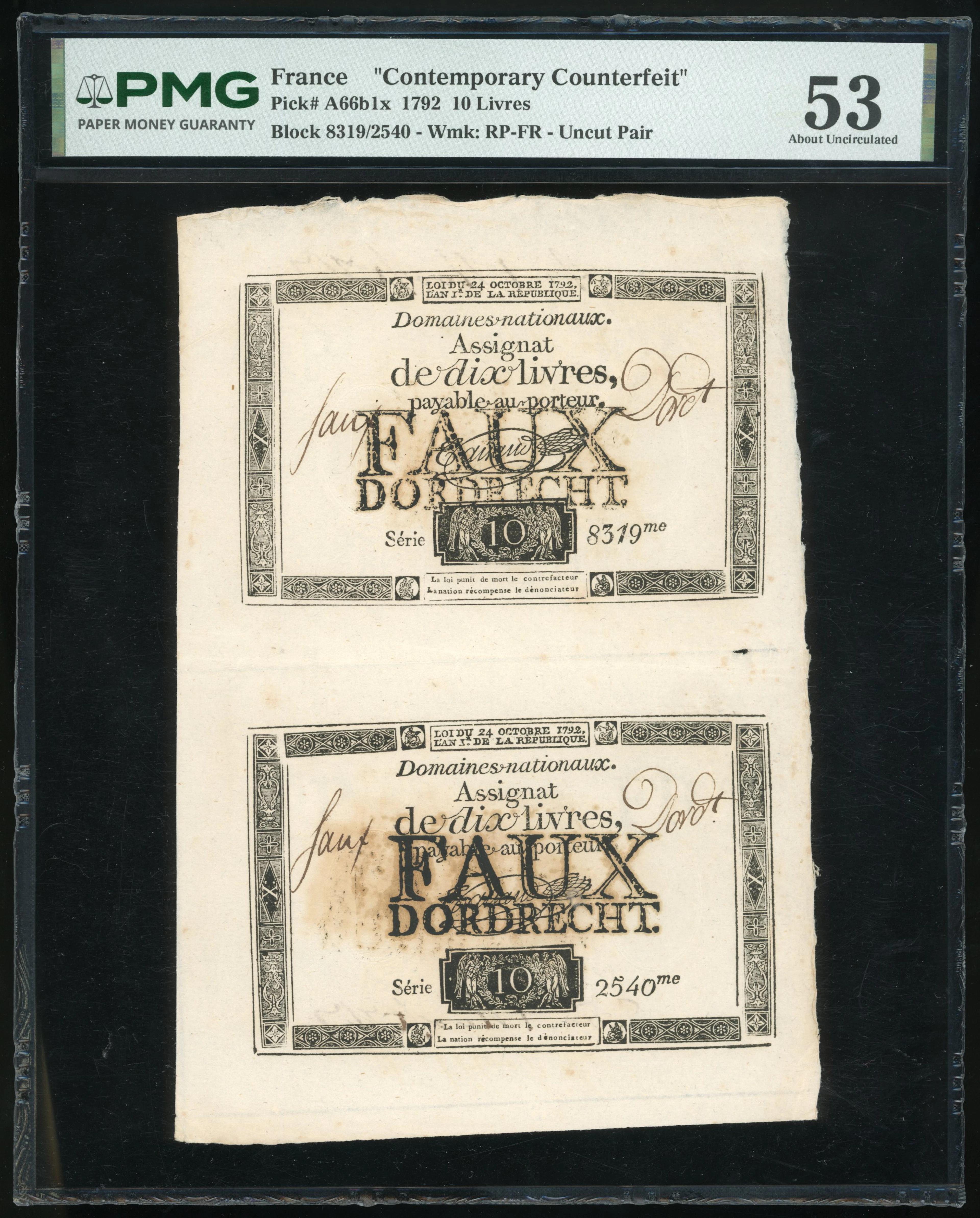France, Assignat, uncut pair of contemporary counterfeit 10 livres