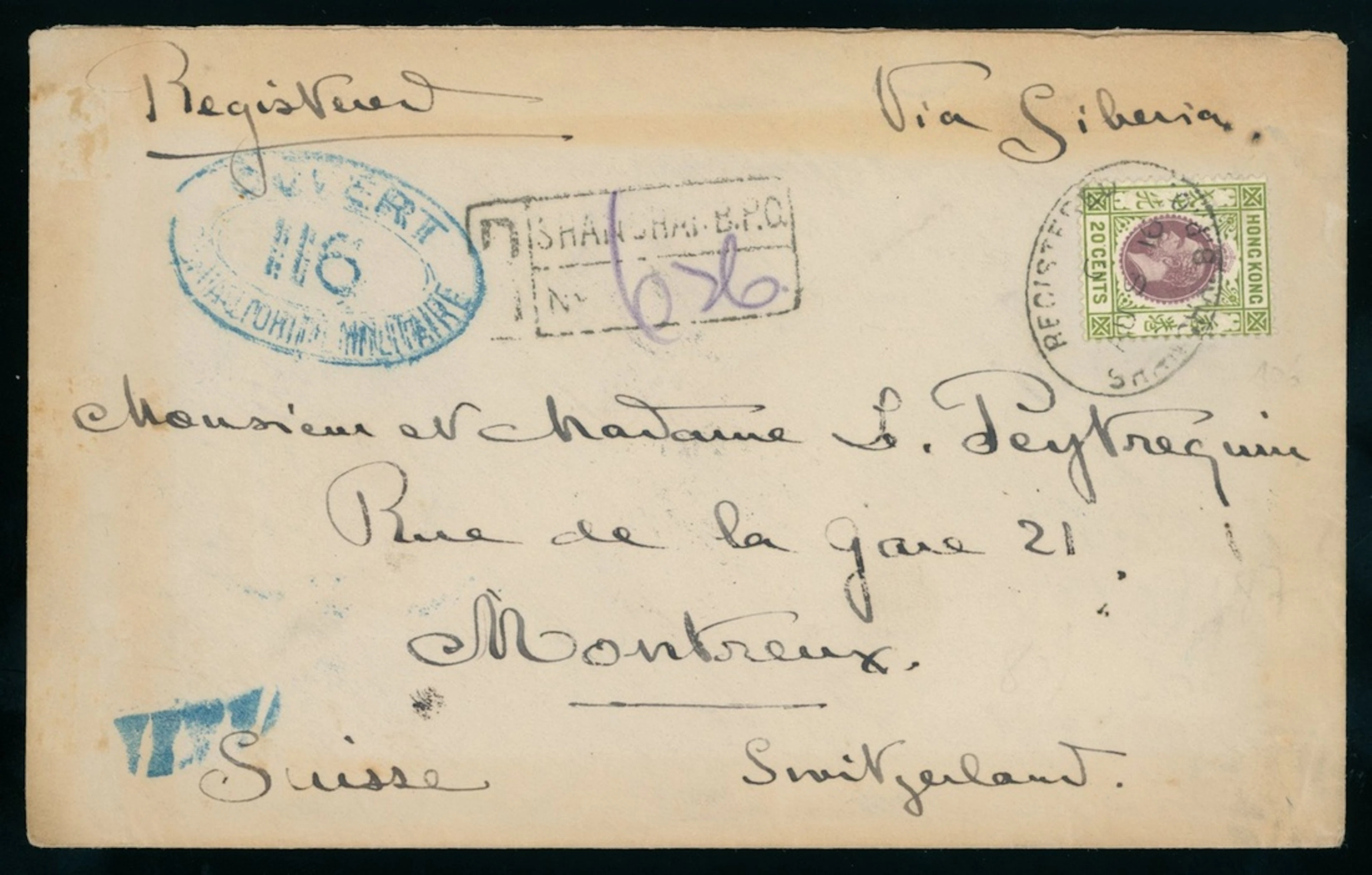 Hong Kong Treaty Ports Shanghai 1916 (9 Aug.) a registered letter
