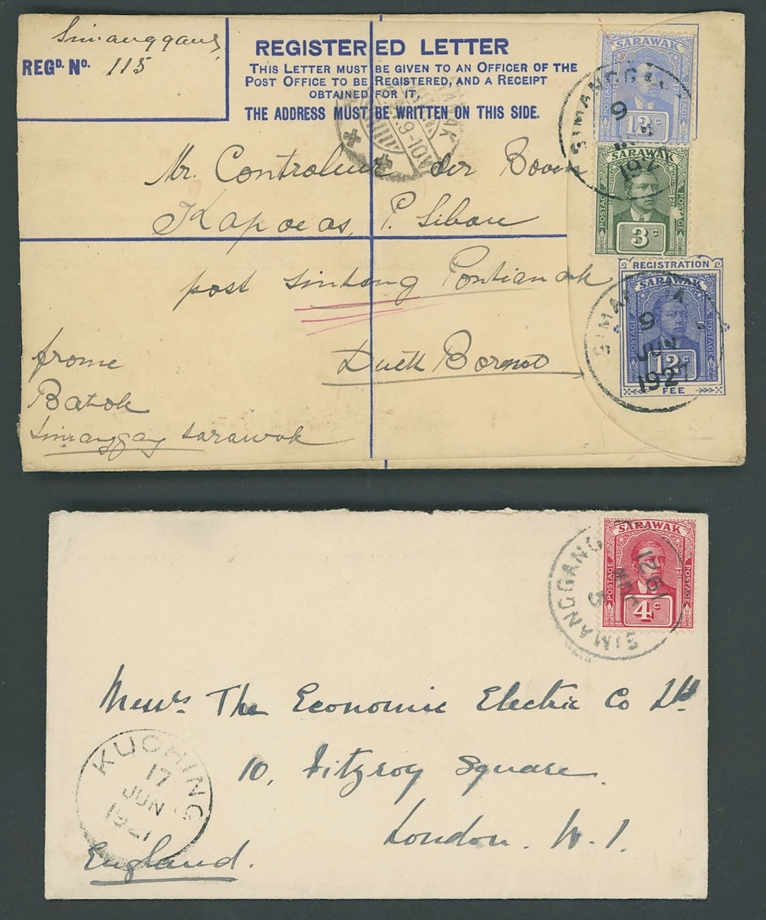 Sarawak Covers and Cancellations 1921 (5 June) envelope to London