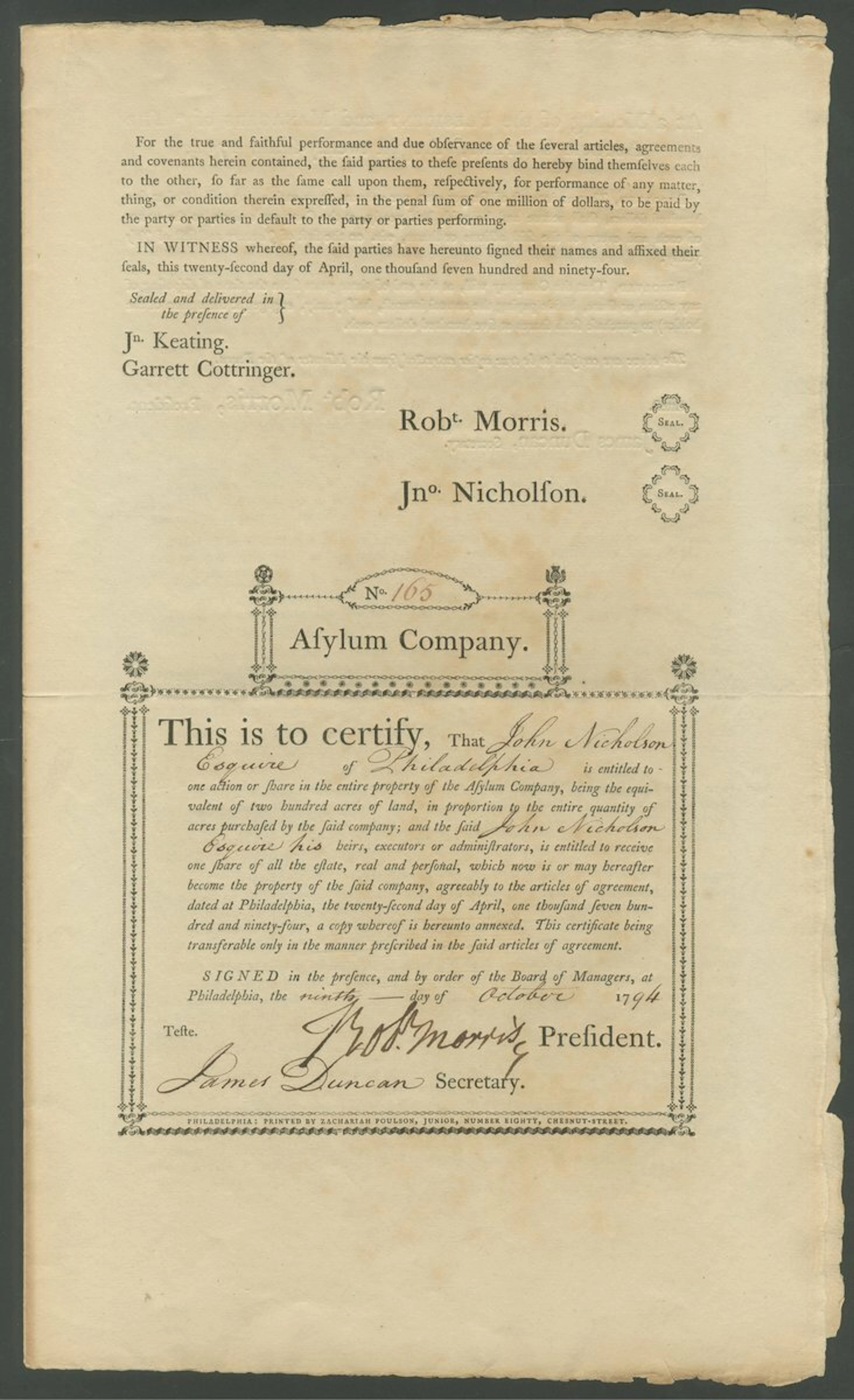Asylum Company, Philadelphia, United States, 1 Share, 9th October