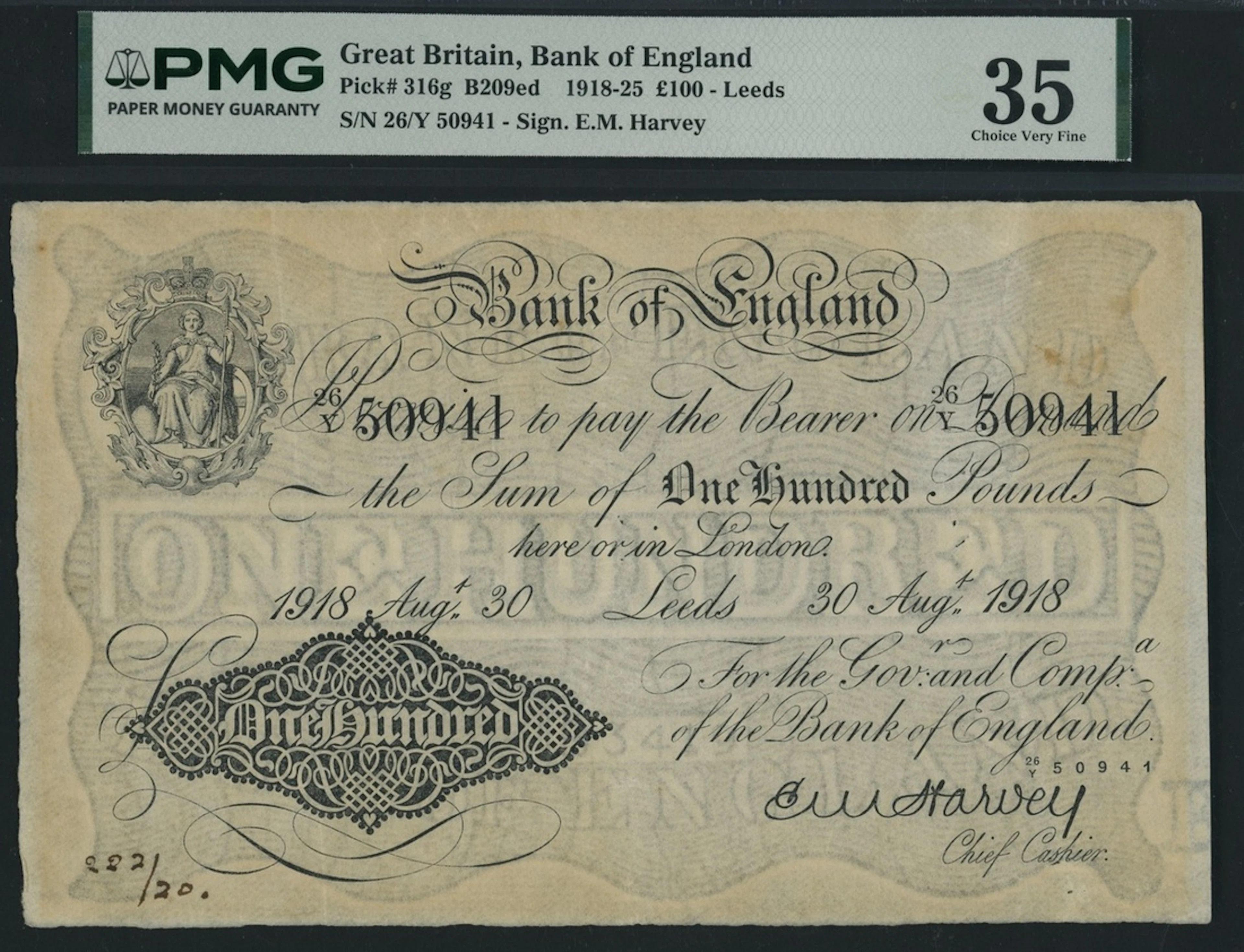 Bank of England, E. M. Harvey, £100, Leeds, 30th August 1918, serial