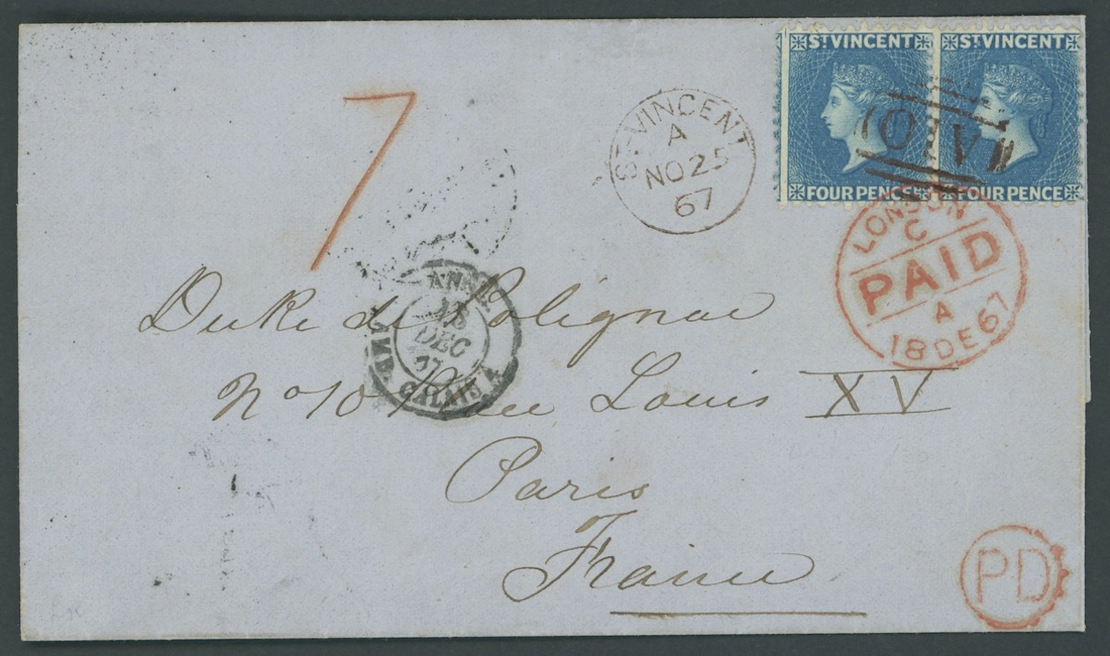 St. Vincent Covers and Cancellations 1867 (25 Nov.) entire ex the