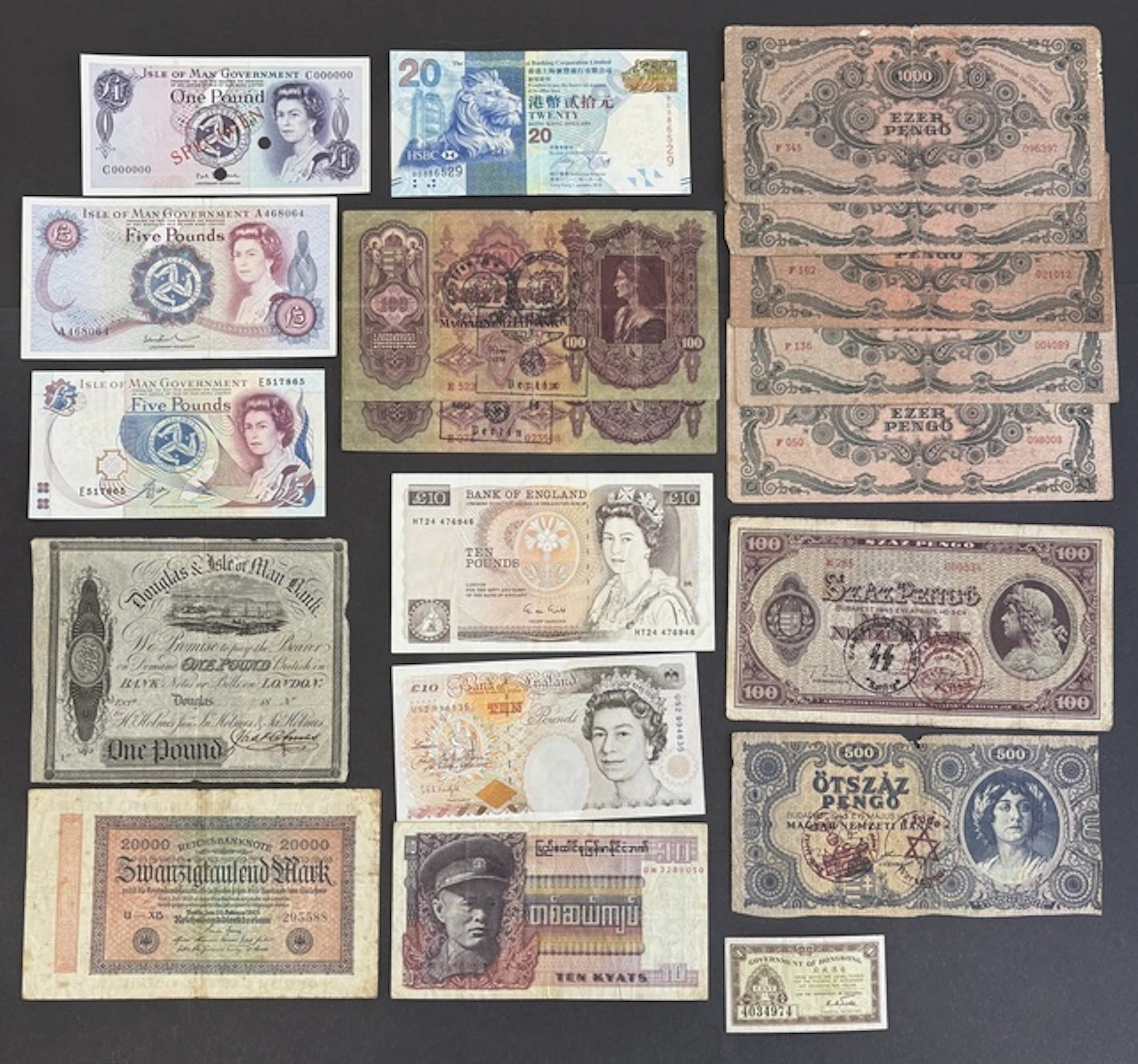 World banknotes, [19 notes] 20 Dollars, 1 Cent, 100, 500 & 1000 Pengo
