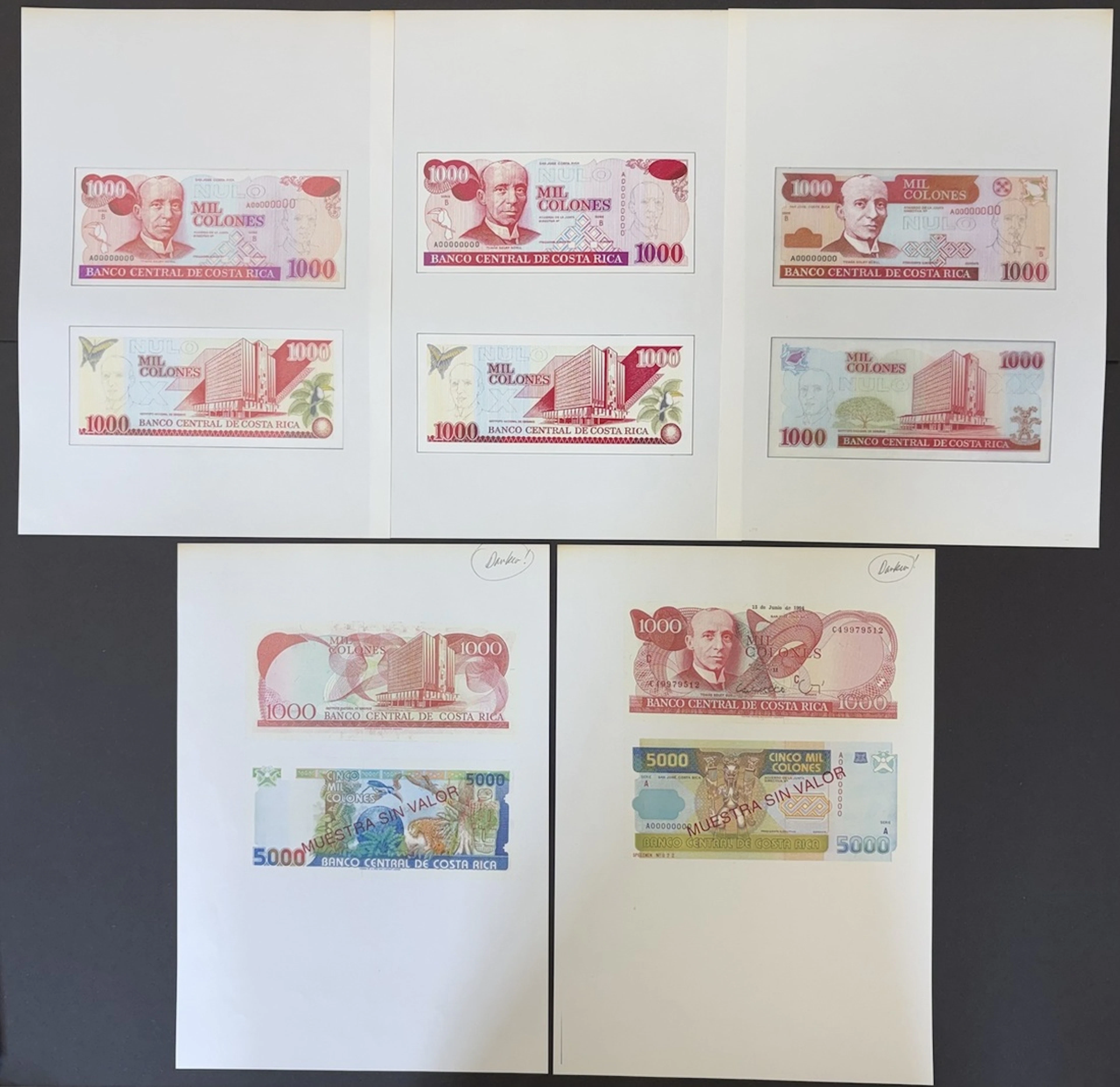 Banco Central de Costa Rica, [5 sheets] group of designs for 500 &