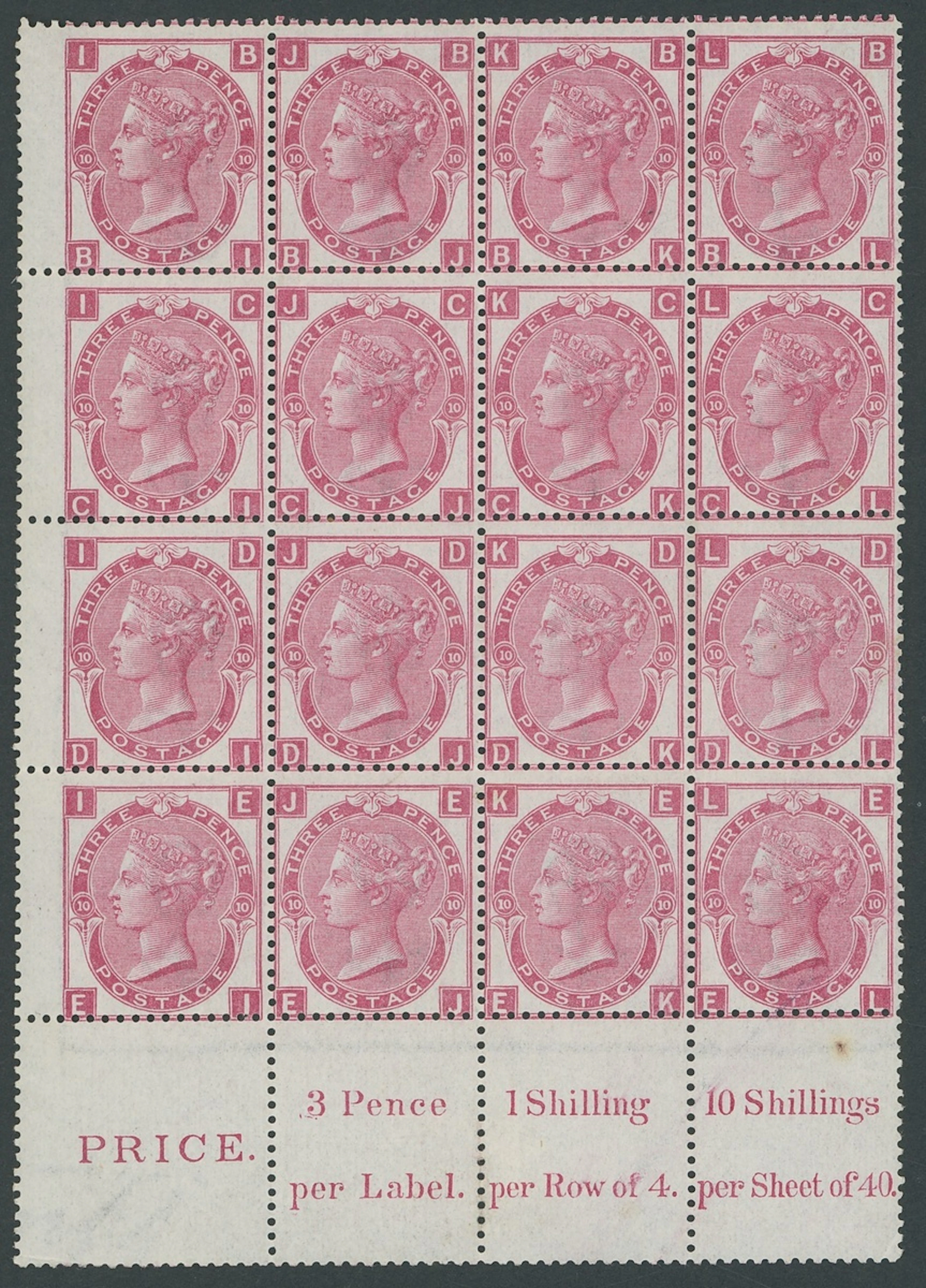 Great Britain Surface Printed Issues 1867-80 3d. rose, Plate 10, BI-EL