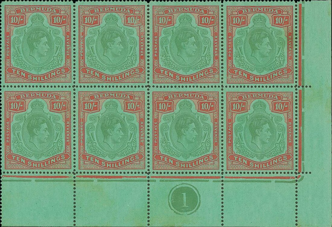 Bermuda 1938-53 High Value Keyplates Perf. 14¼ line 10/- yellow-green