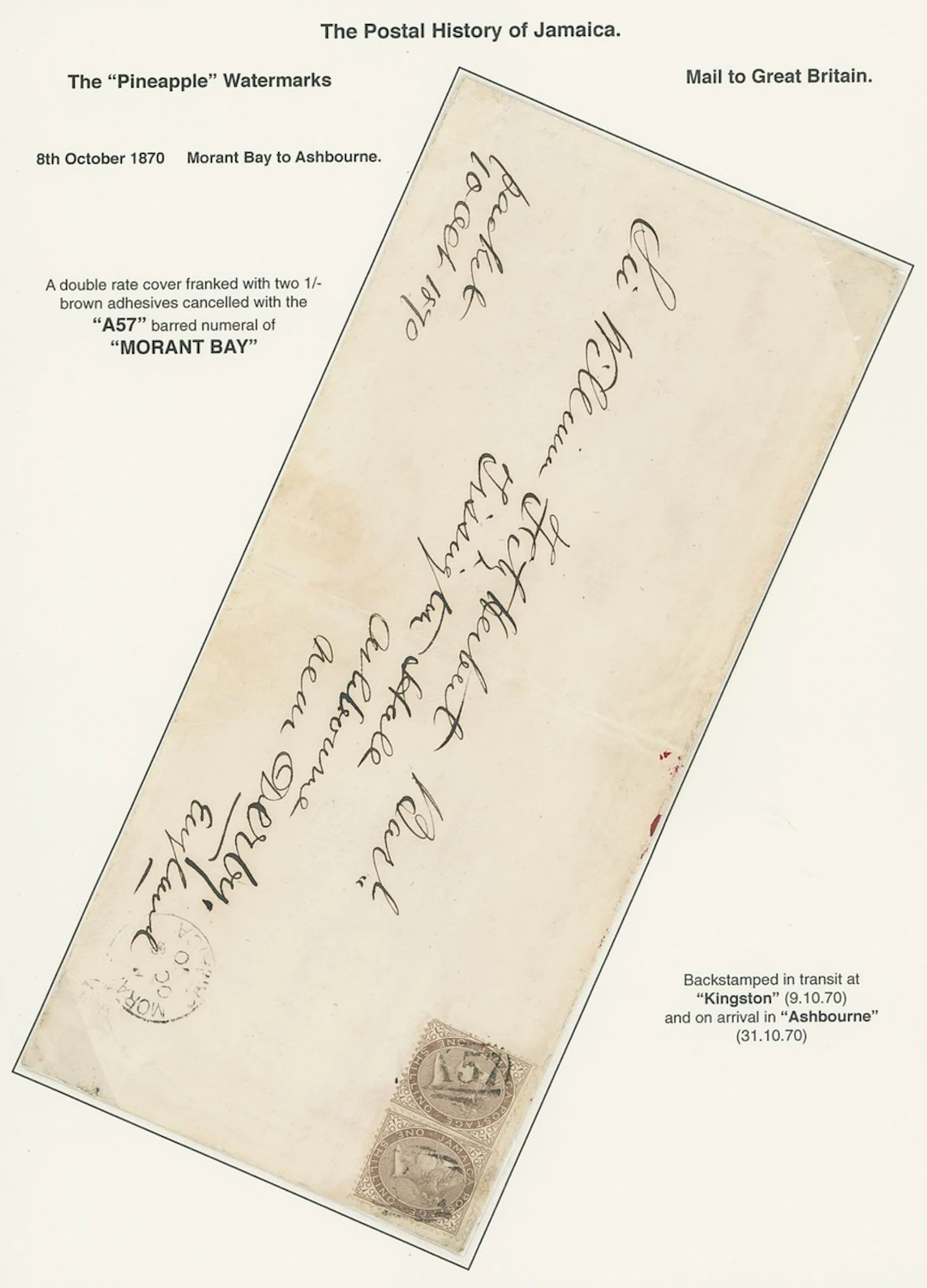 Jamaica Covers and Cancellations "A57" 1870 (8 Oct.) double rate envelope