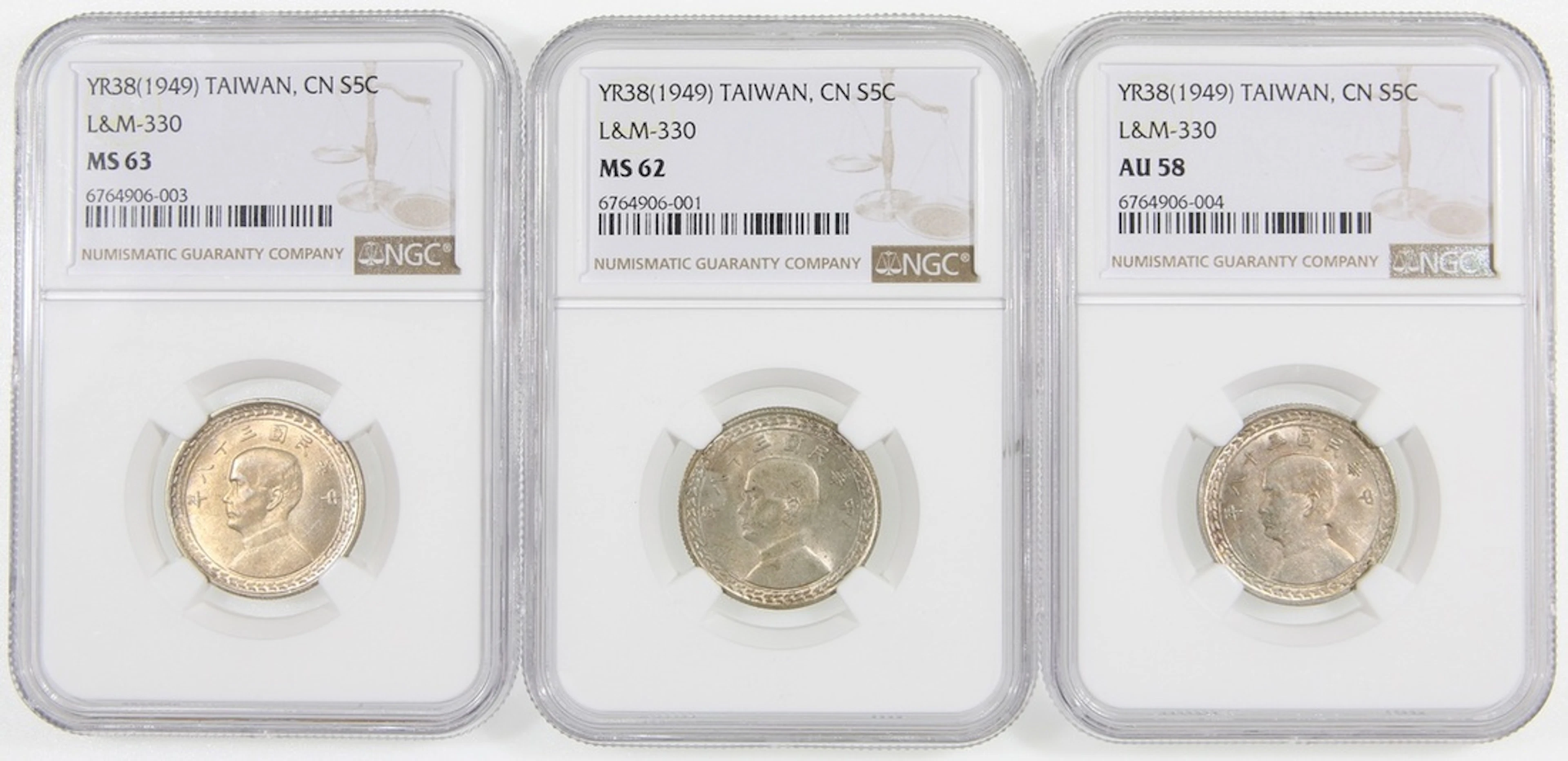 China, Taiwan, silver 5 chiao (3), Year 38 (1949)
