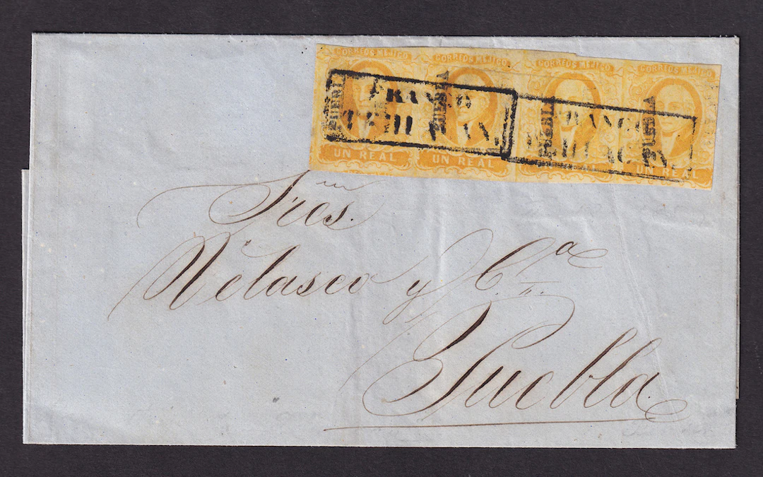 1856 "Hidalgos" Puebla. 1r. yellow, strip of four, margins all around