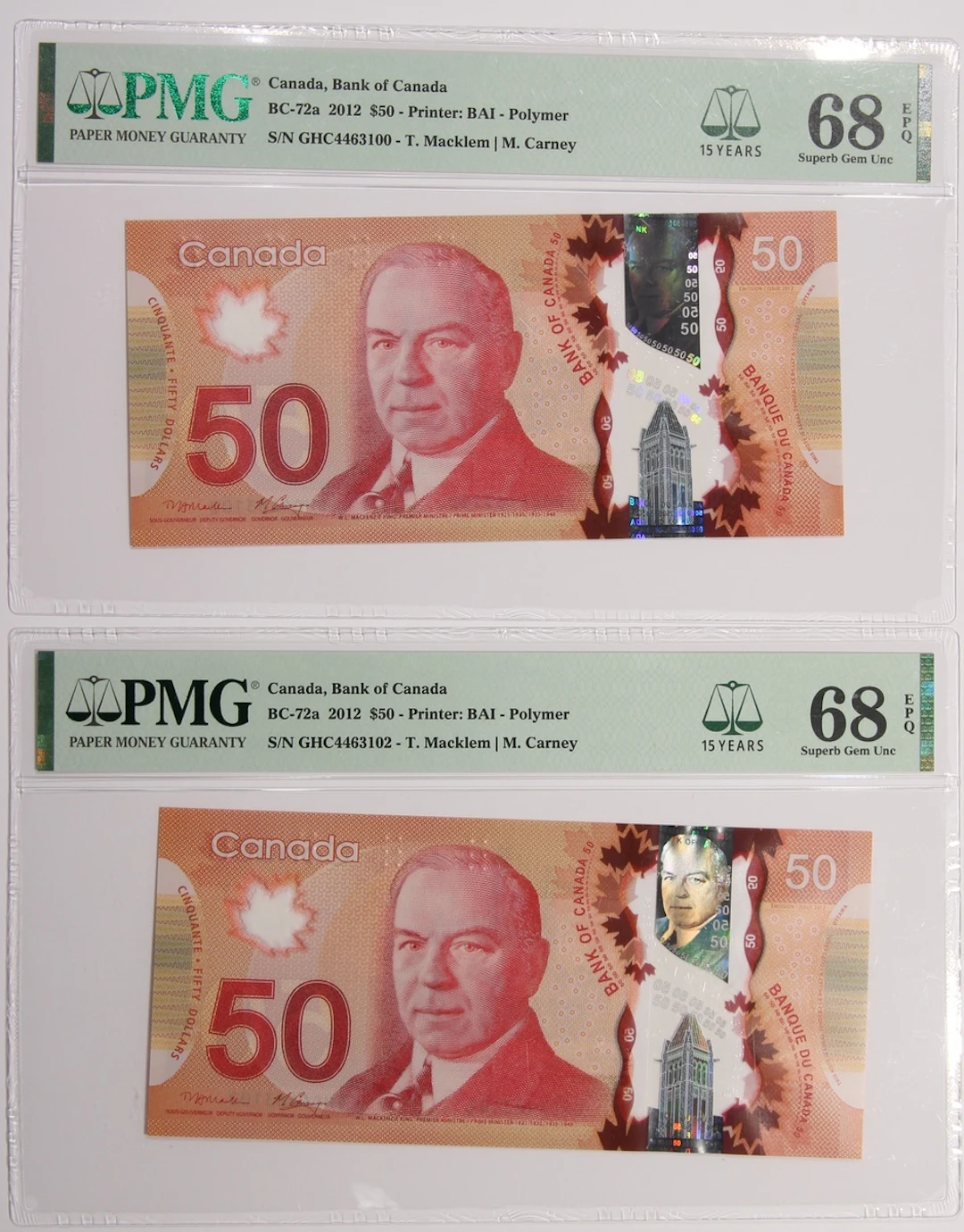 Bank of Canada, $50 (2), 2012, serial numbers GHC4463100/102