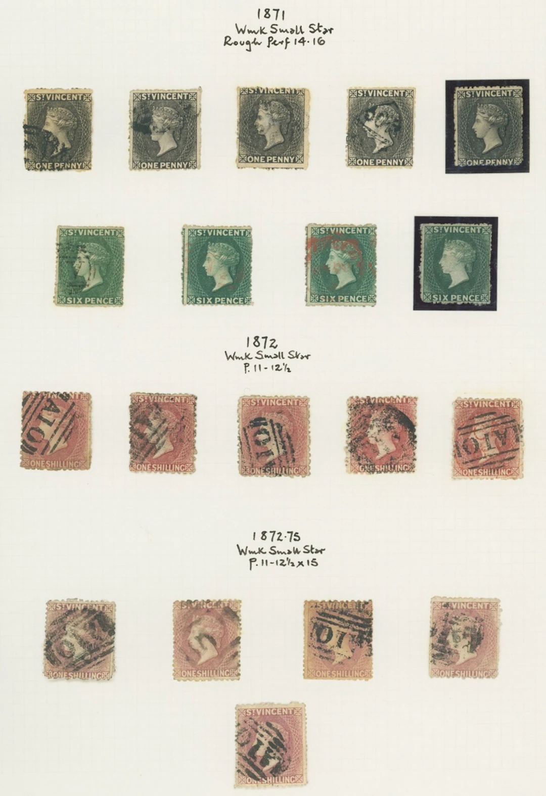 St. Vincent 1871 (Apr.) watermark Small Star, rough perf 14 to 16