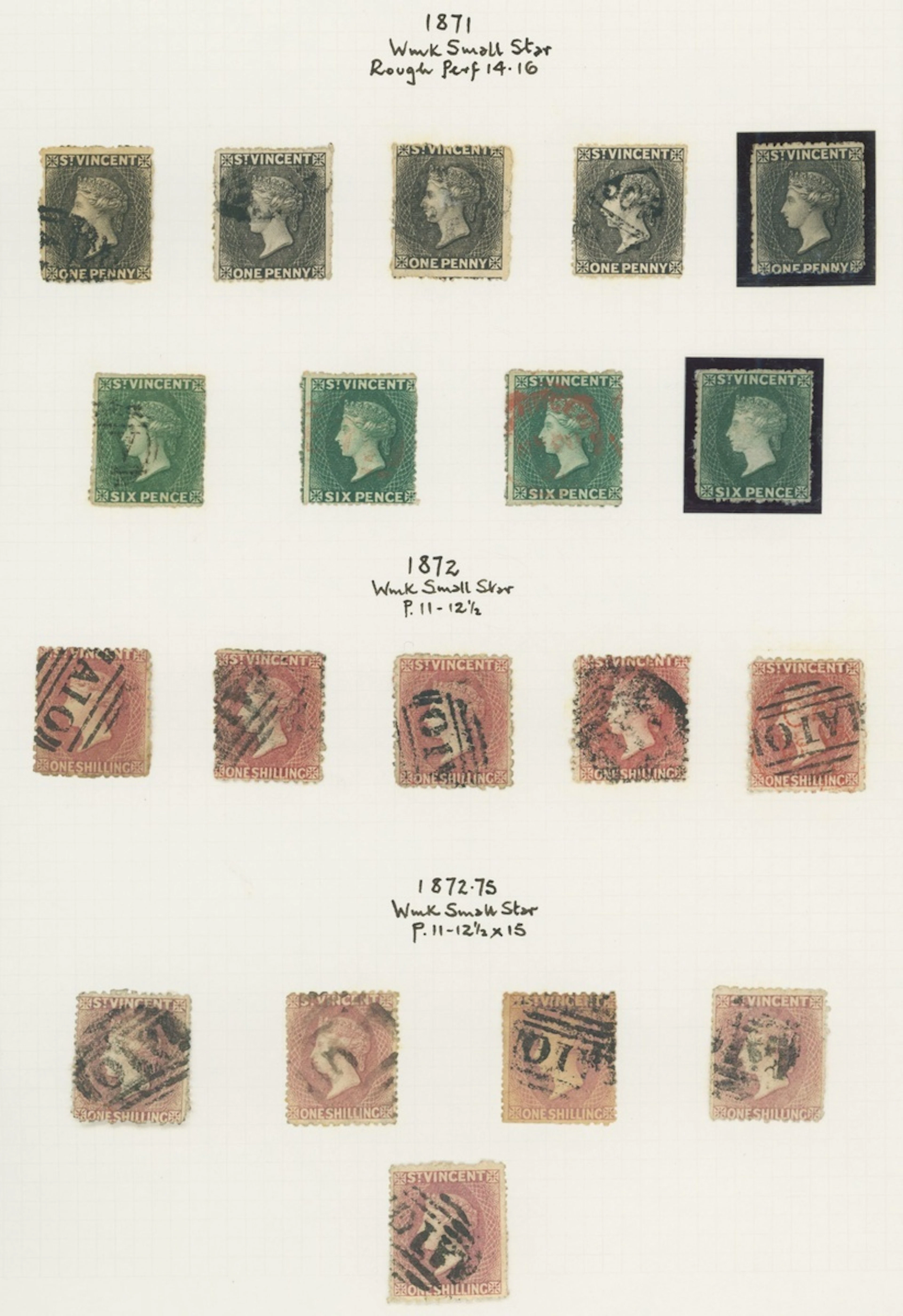 St. Vincent 1871 (Apr.) watermark Small Star, rough perf 14 to 16