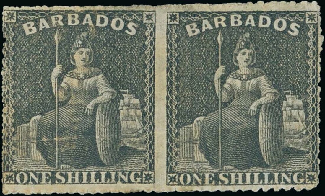 Barbados 1861-70 no watermark, rough perf 14 to 16, 1/- black horizontal