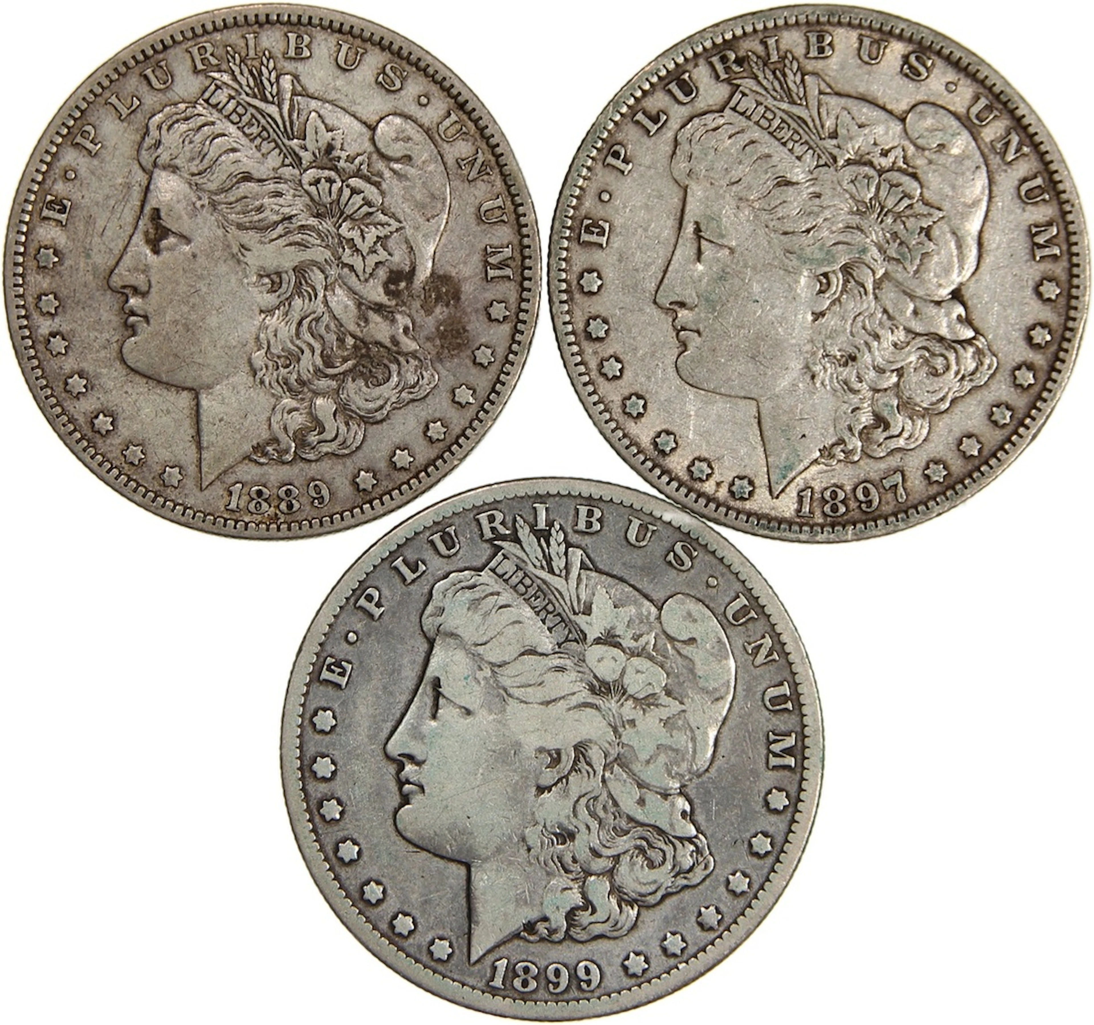 United States, silver morgan dollar (3), 1889-O, 1897-O, 1899-O