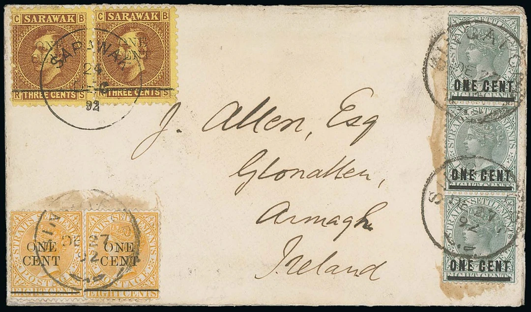 Sarawak 1892 (23 May) 1c. on 3c. Provisional Combination Cover 1892